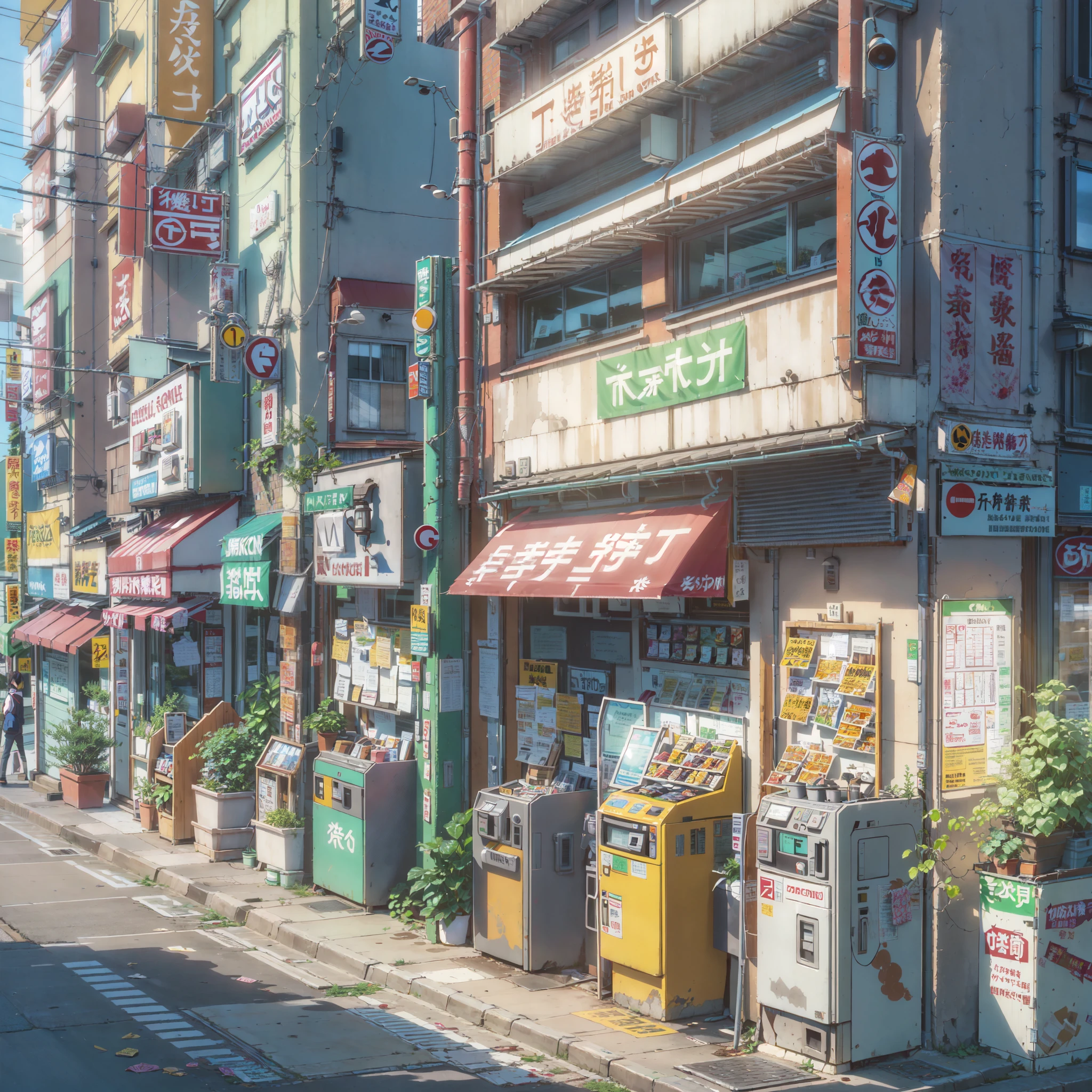 Anime background, empty, compact Japanese downtown street. anime, anime style. vending machines, trash cans, plant pots, drains, air vents, gutters, pipes, wires, big Japanese shop signs, retro Japanese shop banners. (no one :1), no one in sight.