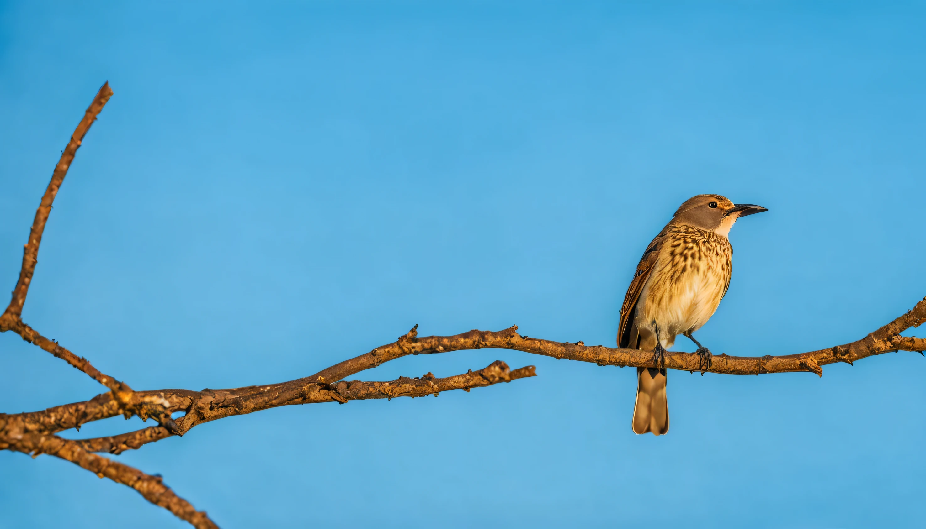 a bird standing on a tree branch, with a bright blue sky in the background, an early morning scene