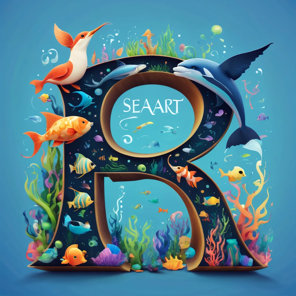 Logo. magical letter-shaped animals, fonts, txt says "seaArt".