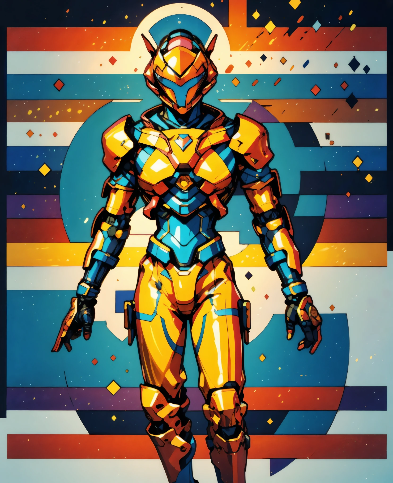 A woman adorned in fantasy-style full-body armor, a crown-concept fully enclosed helmet that unveils only her eyes, a composite layered chest plate, fully encompassing shoulder and hand guards, a lightweight waist armor, form-fitting shin guards, the overall design is heavy-duty yet flexible, the armor gleams with a golden glow, complemented by red and blue accents, exhibiting a noble aura, she floats above a fantasy-surreal high-tech city, this character embodies a finely crafted fantasy-surreal style armored hero in anime style, exquisite and mature manga art style, Queen Bee Concept Armor, ((goddess, femminine)), long legs, metallic, elegant, high definition, best quality, highres, ultra-detailed, ultra-fine painting, extremely delicate, professional, anatomically correct, symmetrical face, extremely detailed eyes and face, high quality eyes, creativity, RAW photo, UHD, 32k, Natural light, cinematic lighting, masterpiece-anatomy-perfect, masterpiece:1.5