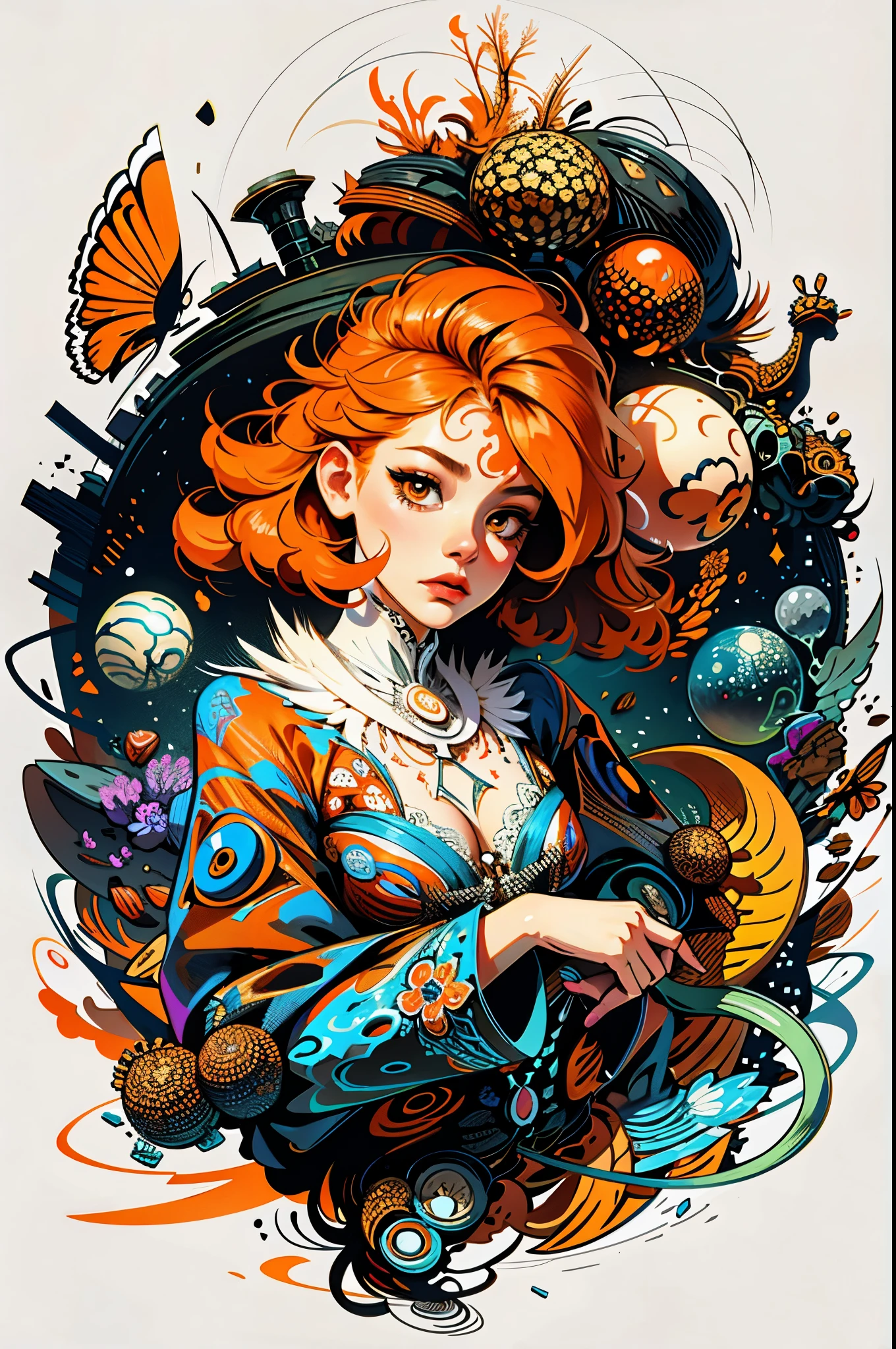 1 girl,(orange_body hair:1.1),(zentangle, mandala, tangle, entangle:0.6),(Fractal Art),most beautiful form of chaos,Brutalist designed,