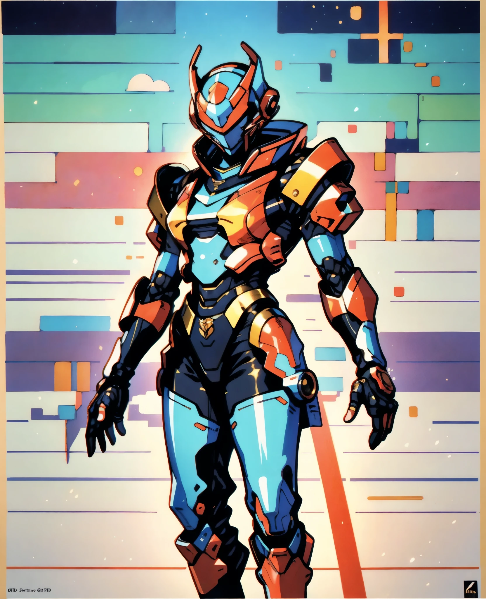 A woman adorned in fantasy-style full-body armor, a crown-concept fully enclosed helmet that unveils only her eyes, a composite layered chest plate, fully encompassing shoulder and hand guards, a lightweight waist armor, form-fitting shin guards, the overall design is heavy-duty yet flexible, the armor gleams with a golden glow, complemented by red and blue accents, exhibiting a noble aura, she floats above a fantasy-surreal high-tech city, this character embodies a finely crafted fantasy-surreal style armored hero in anime style, exquisite and mature manga art style, Queen Bee Concept Armor, ((goddess, femminine)), long legs, metallic, elegant, high definition, best quality, highres, ultra-detailed, ultra-fine painting, extremely delicate, professional, anatomically correct, symmetrical face, extremely detailed eyes and face, high quality eyes, creativity, RAW photo, UHD, 32k, Natural light, cinematic lighting, masterpiece-anatomy-perfect, masterpiece:1.5