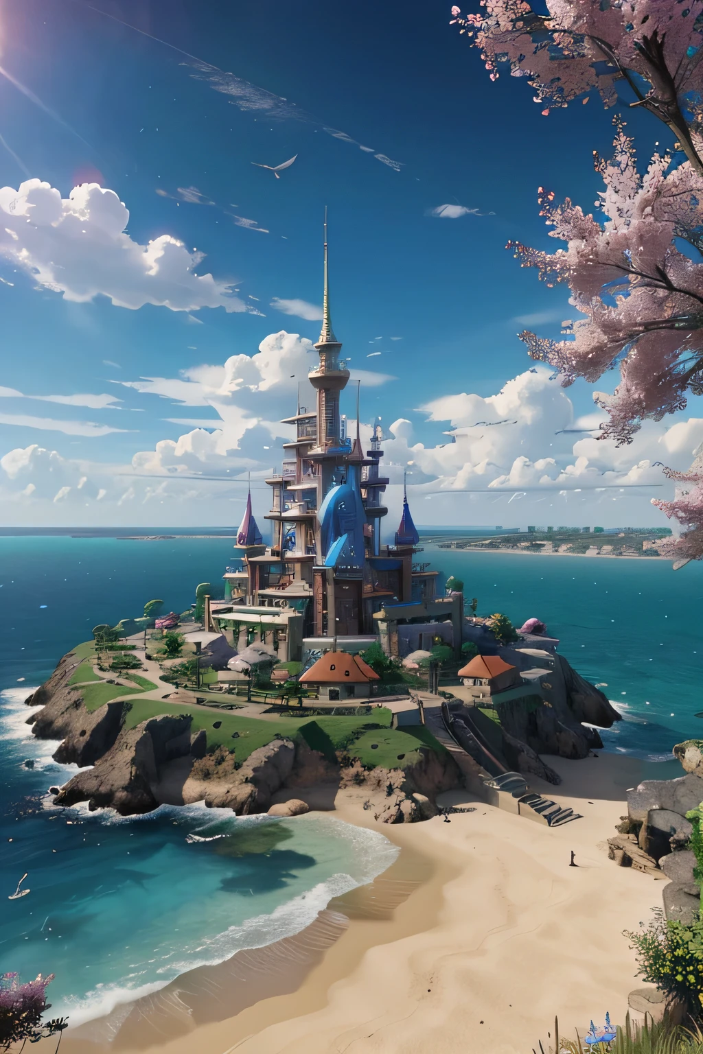 colorful Anime game world, MMORPG, world to explore, splash-art, over-view of world, horizon