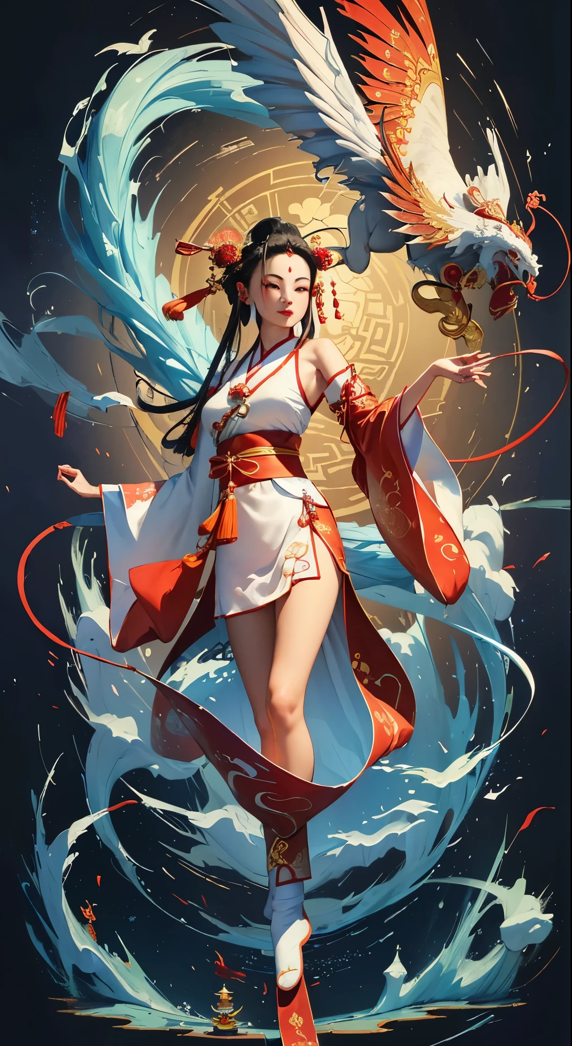 Official Art, Unified 8K Wallpapers, Ultra Detailed, Beautiful and Aesthetic, Masterpiece, Best Quality, (Zentangle, Tangle, Entangle), (fractal art: 1.4), 1girl, black hair, Chinese, bare shoulders, short skirt, calf, navel, very detailed, dynamic angle, cowboyshot, (most beautiful form chaos), flowing, (bright colors), oc, (half: 1.2), china, (thangka flying sky: 1.5), (ribbon: 1.3), (dream: 1.5), (hanfu: 1.5), Chinese dragon, Chinese phoenix, (smile: 0.5), (Chinese deity),