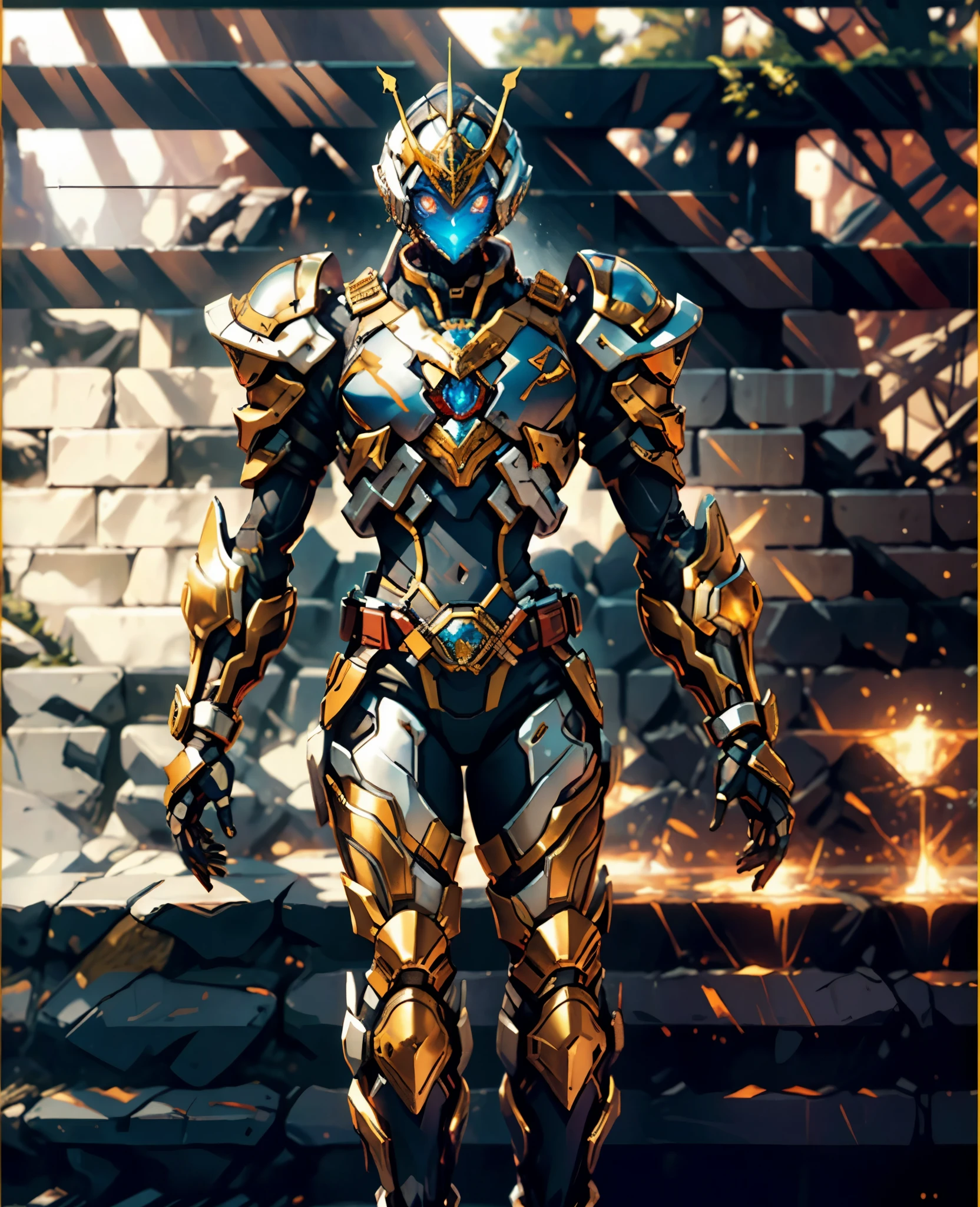 A woman adorned in fantasy-style full-body armor, a crown-concept fully enclosed helmet that unveils only her eyes, a composite layered chest plate, fully encompassing shoulder and hand guards, a lightweight waist armor, form-fitting shin guards, the overall design is heavy-duty yet flexible, the armor gleams with a golden glow, complemented by red and blue accents, exhibiting a noble aura, she floats above a fantasy-surreal high-tech city, this character embodies a finely crafted fantasy-surreal style armored hero in anime style, exquisite and mature manga art style, Queen Bee Concept Armor, ((goddess, femminine)), long legs, metallic, elegant, high definition, best quality, highres, ultra-detailed, ultra-fine painting, extremely delicate, professional, anatomically correct, symmetrical face, extremely detailed eyes and face, high quality eyes, creativity, RAW photo, UHD, 32k, Natural light, cinematic lighting, masterpiece-anatomy-perfect, masterpiece:1.5