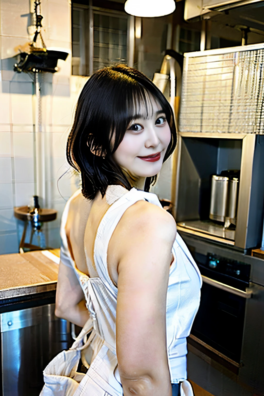 black short hair,29yo,japanese woman,Naked in a white apron,The buttocks are completely visible from the back,in the kitchen