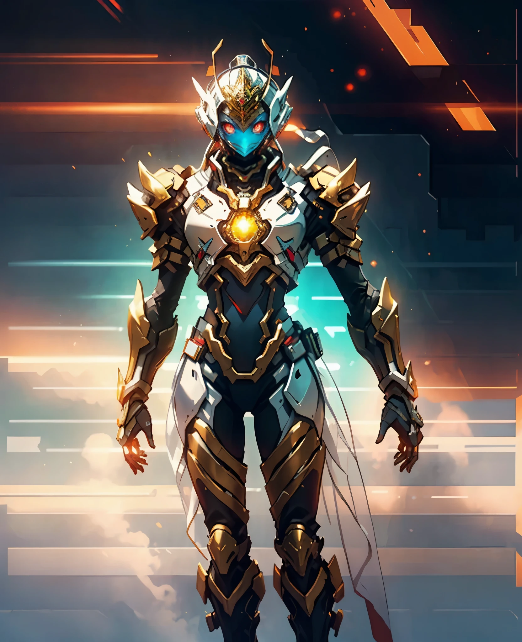 A woman adorned in fantasy-style full-body armor, a crown-concept fully enclosed helmet that unveils only her eyes, a composite layered chest plate, fully encompassing shoulder and hand guards, a lightweight waist armor, form-fitting shin guards, the overall design is heavy-duty yet flexible, the armor gleams with a golden glow, complemented by red and blue accents, exhibiting a noble aura, she floats above a fantasy-surreal high-tech city, this character embodies a finely crafted fantasy-surreal style armored hero in anime style, exquisite and mature manga art style, Queen Bee Concept Armor, ((goddess, femminine)), long legs, metallic, elegant, high definition, best quality, highres, ultra-detailed, ultra-fine painting, extremely delicate, professional, anatomically correct, symmetrical face, extremely detailed eyes and face, high quality eyes, creativity, RAW photo, UHD, 32k, Natural light, cinematic lighting, masterpiece-anatomy-perfect, masterpiece:1.5