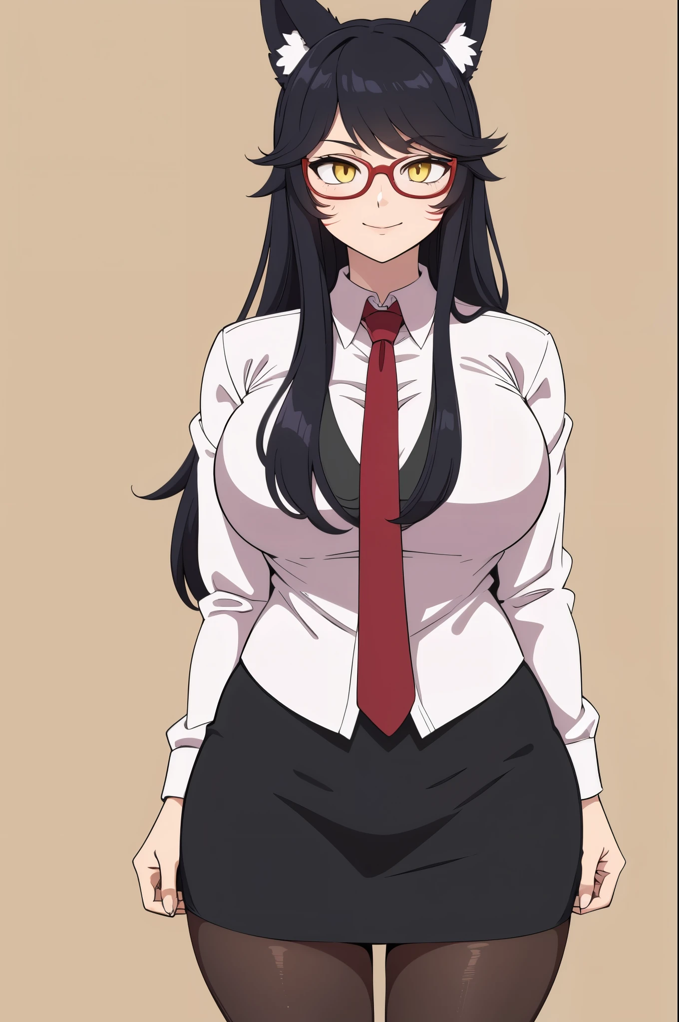 masterpiece, best quality, ultra-detailed, illustration, colorful, flat color, depth of field, 1girl, ahri, anime, standing, black hair, messy hair, yellow eyes, fox ears, looking at viewer, simple background, facial mark, hands behind back, white shirt, red necktie, black pencil skirt, black pantyhose, teacher, detailed skin texture, detailed cloth texture, beautiful detailed face, large breasts, blush, seductive smile, black round glasses