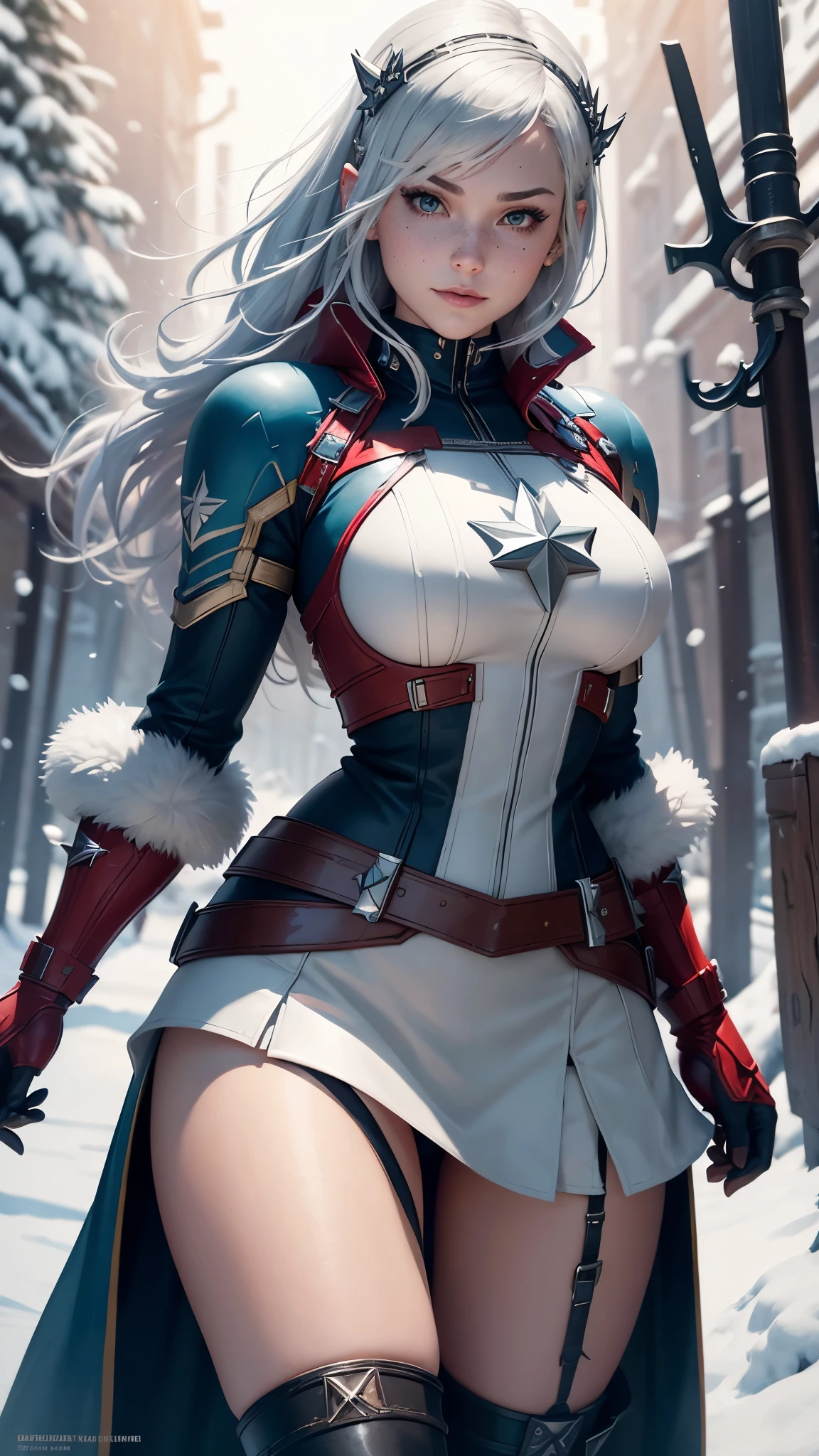 gwen tennyson,captain marvel,yorha 2b,solo girl,overwatch,atelier ryza,close up,winter forest,viking village,rune tattoos,fur and white plugsuit,winter viking linen shirt,royal red viking cape,spiked viking armor,tight lycra skirt,garter belt,short viking hair,viking makeup,blue eyes,multicolored silver hair, spiked gloves,sexy smile,freckles,beautiful girl,knee high spiked boots,large breasts,8k,ultra detailed,realistic,fantasy art,viking armor,hair pin,ear piercings,(weather:windy),1girl,