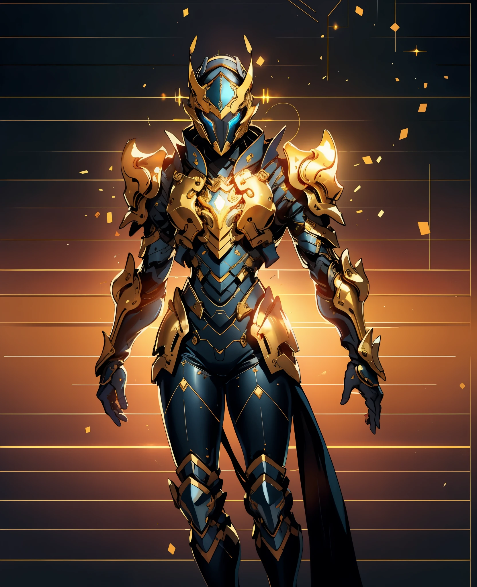 A woman adorned in fantasy-style full-body armor, a crown-concept fully enclosed helmet that unveils only her eyes, a composite layered chest plate, fully encompassing shoulder and hand guards, a lightweight waist armor, form-fitting shin guards, the overall design is heavy-duty yet flexible, the armor gleams with a golden glow, complemented by red and blue accents, exhibiting a noble aura, she floats above a fantasy-surreal high-tech city, this character embodies a finely crafted fantasy-surreal style armored hero in anime style, exquisite and mature manga art style, Queen Bee Concept Armor, ((goddess, femminine)), long legs, metallic, elegant, high definition, best quality, highres, ultra-detailed, ultra-fine painting, extremely delicate, professional, anatomically correct, symmetrical face, extremely detailed eyes and face, high quality eyes, creativity, RAW photo, UHD, 32k, Natural light, cinematic lighting, masterpiece-anatomy-perfect, masterpiece:1.5