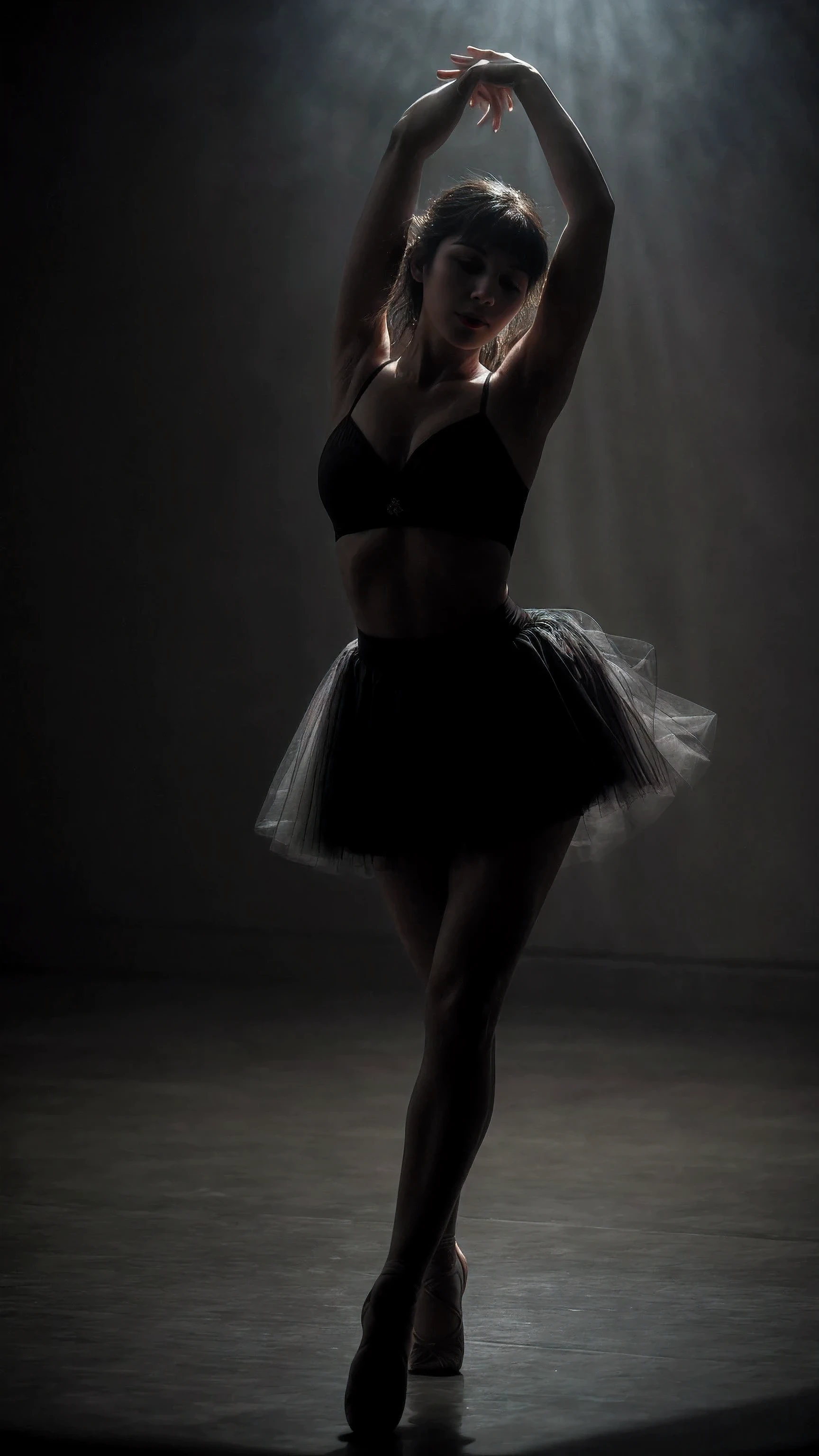 "Inspired by the song 'La Dernière Danse' by French singer-songwriter Indila, this image depicts a solitary figure performing the 'last dance' in a dimly lit, atmospheric setting. The dancer, bathed in a pool of soft, ethereal light, moves with graceful fluidity, their movements conveying a sense of melancholy and longing. The background is shrouded in shadow, adding to the sense of intimacy and introspection. The art style draws inspiration from the works of Edgar Degas and his portrayal of ballet dancers, with a focus on capturing the beauty and emotion of movement. The camera angle is a close-up shot, emphasizing the expressive gestures and facial expressions of the dancer. The image should be rendered with a soft, painterly texture, evoking the mood and emotion of the music. Lighting should be subtle yet evocative, enhancing the atmosphere of the scene."