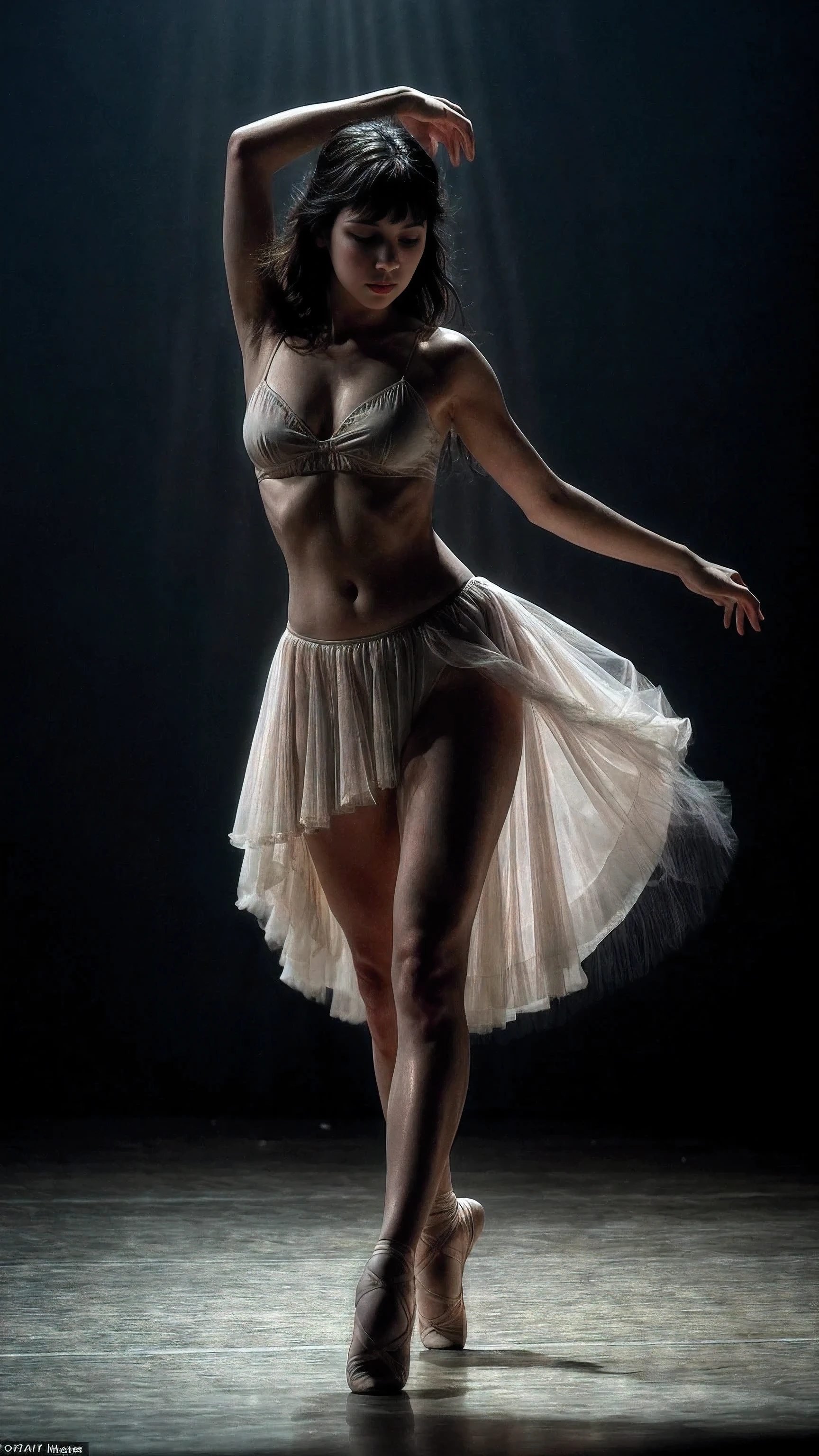 "Inspired by the song 'La Dernière Danse' by French singer-songwriter Indila, this image depicts a solitary figure performing the 'last dance' in a dimly lit, atmospheric setting. The dancer, bathed in a pool of soft, ethereal light, moves with graceful fluidity, their movements conveying a sense of melancholy and longing. The background is shrouded in shadow, adding to the sense of intimacy and introspection. The art style draws inspiration from the works of Edgar Degas and his portrayal of ballet dancers, with a focus on capturing the beauty and emotion of movement. The camera angle is a close-up shot, emphasizing the expressive gestures and facial expressions of the dancer. The image should be rendered with a soft, painterly texture, evoking the mood and emotion of the music. Lighting should be subtle yet evocative, enhancing the atmosphere of the scene."