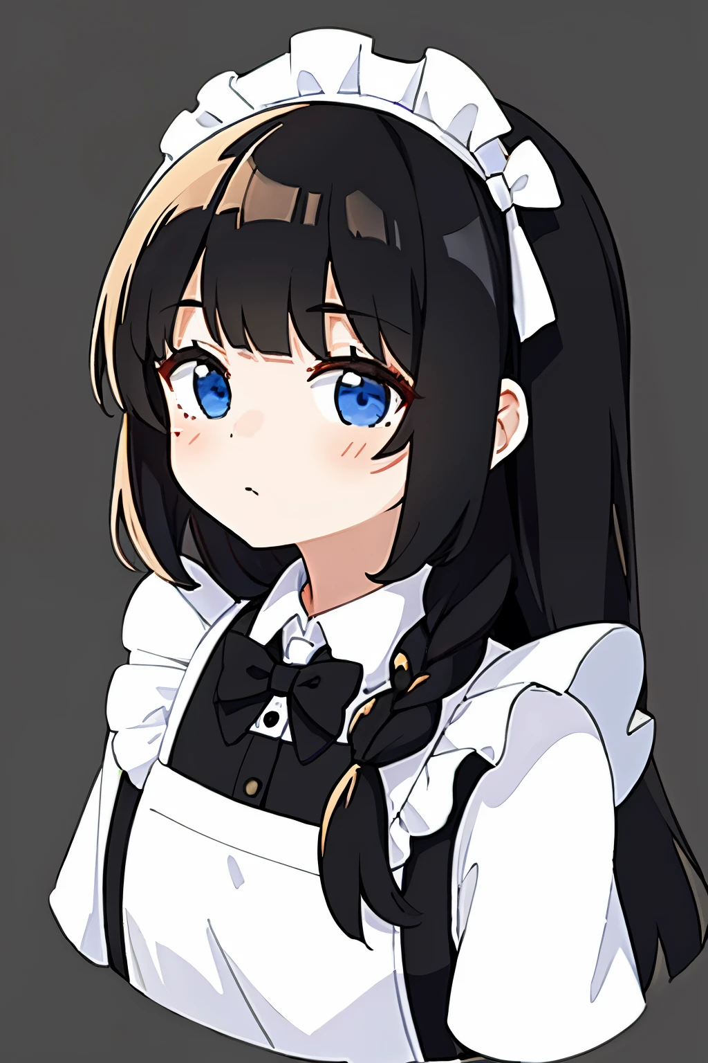 1 girl, upper body, big face, black hair, white dress, white apron, black bow, Simple background