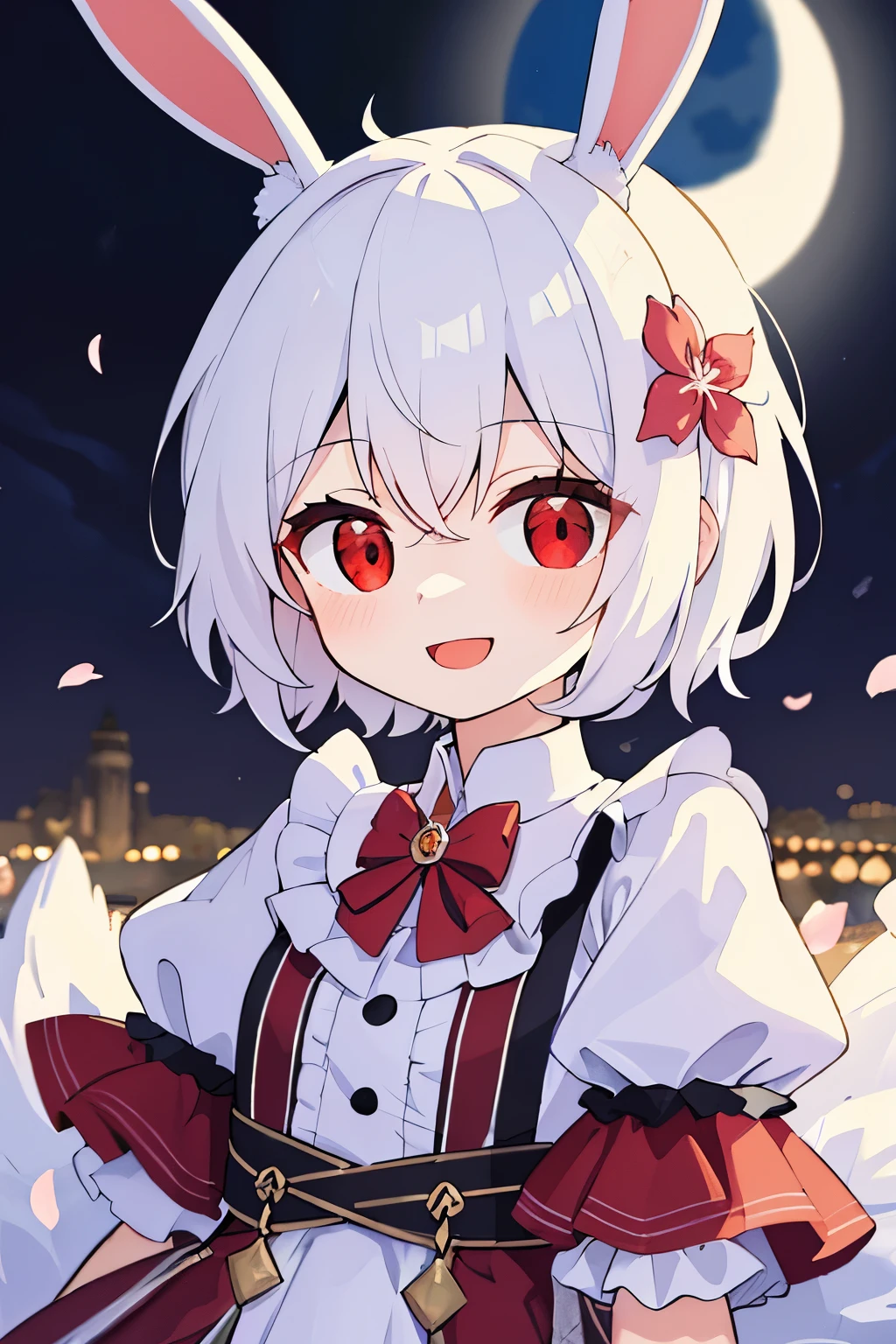 (masterpiece, Best quality:1.2), illustration, absurdres, a high resolution, extremely detailed, 1 girl, white short hair, bunny ears, red eyes, Eye illumination, dress, Short puffy sleeves, frill, outdoors, flower, fluttering petals, upper body, (moon:1.2), night, depth of field, (:d:0.8),