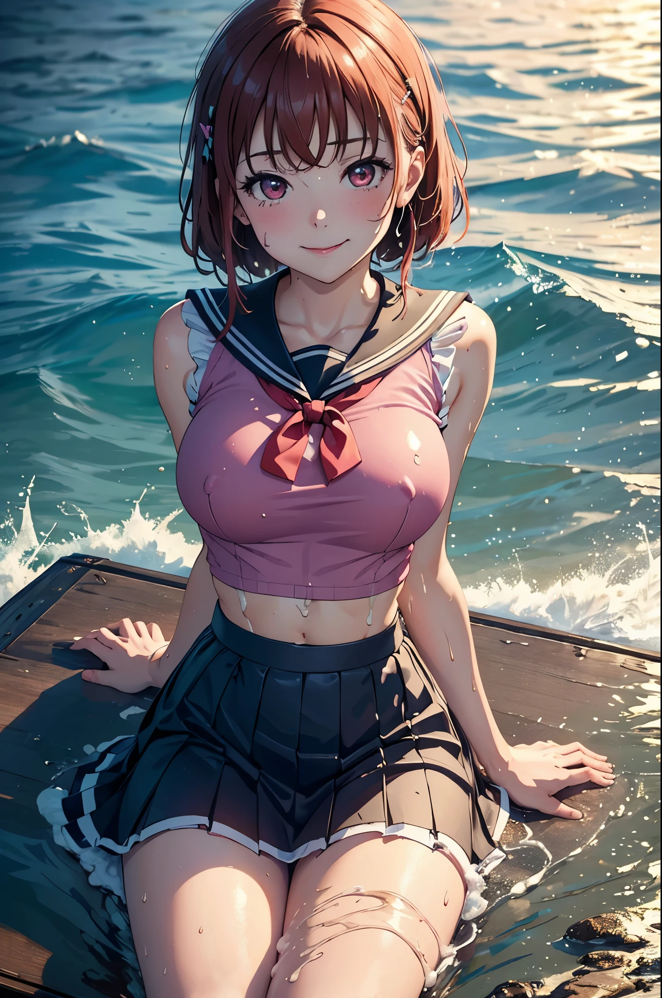 (best quality,4k,8k,highres,masterpiece:1.2), ultra-detailed, on knees, sitting,arms behind back,takami chika, sailor top, school skirt, midriff,  slightly excited and smile, sleeveless, thighs, cowboy shot, hair ornament, random pose,sea in background,wet clothes, (transparent disappearing clothes), pink eyes ,big breasts ,((soaked in cum:1.2))