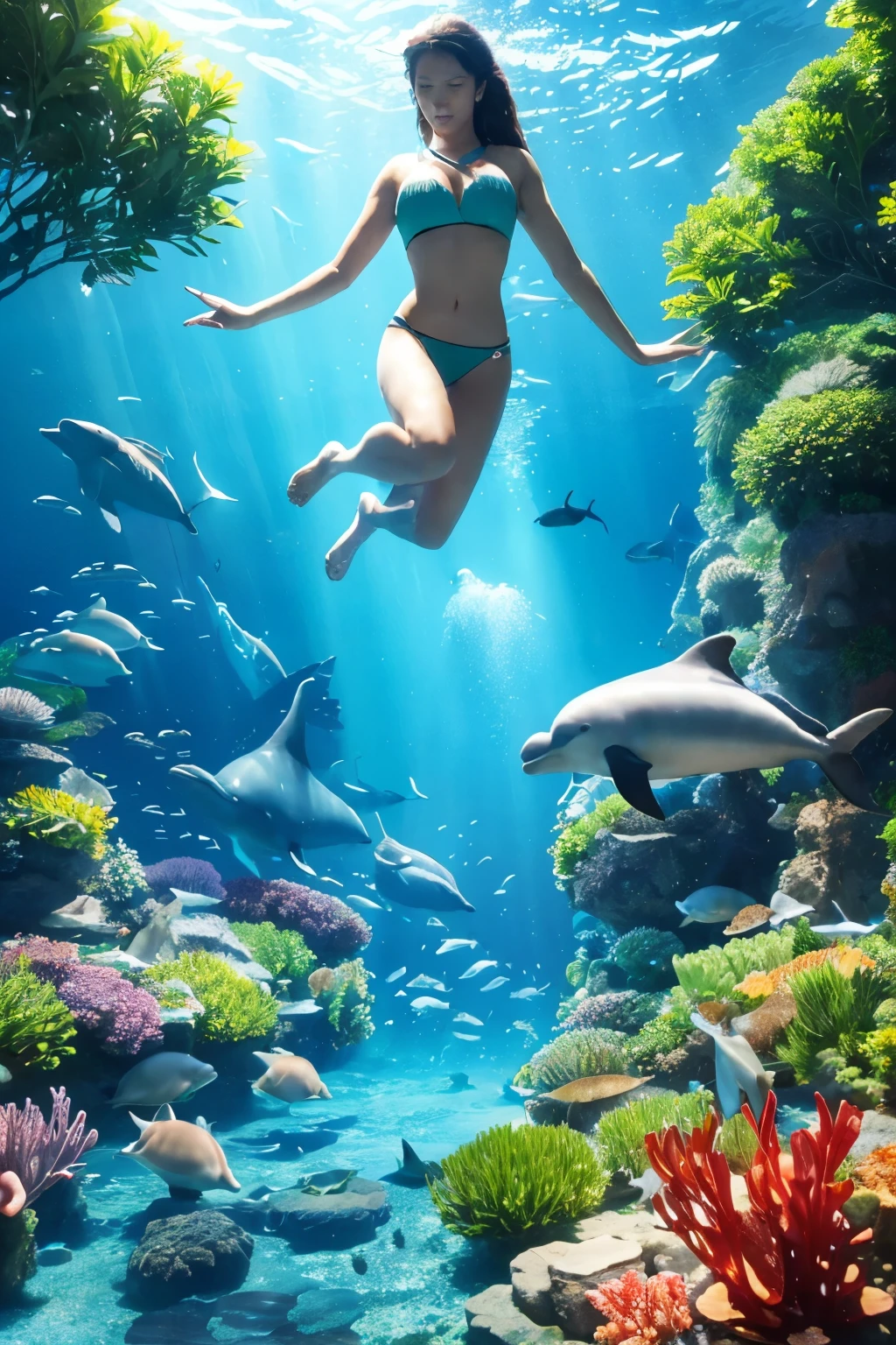 3d animated garden, aquarium, with beautiful colorful sea fishes, with harmony, grace, with levitating beautiful black woman. 3 worlds combining. dolphins and whales, and seahorses, underwater universe, with mermaids flowing around.