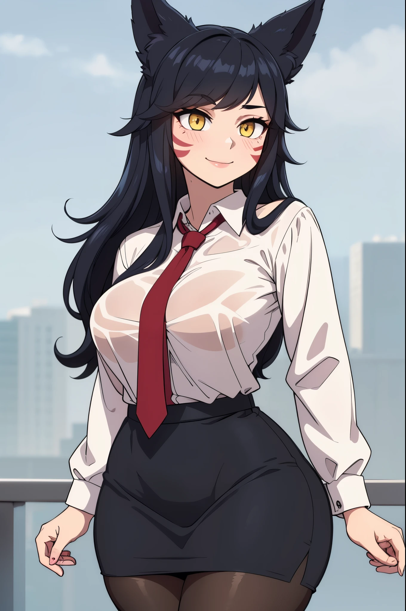 masterpiece, best quality, ultra-detailed, illustration, colorful, flat color, depth of field, 1girl, ahri, anime, standing, black hair, messy hair, yellow eyes, fox ears, looking at viewer, simple background, facial mark, hands behind back, wet white see-through shirt, red necktie, black pencil skirt, black pantyhose, teacher, detailed skin texture, detailed cloth texture, beautiful detailed face, large breasts, blush, seductive smile, makeup