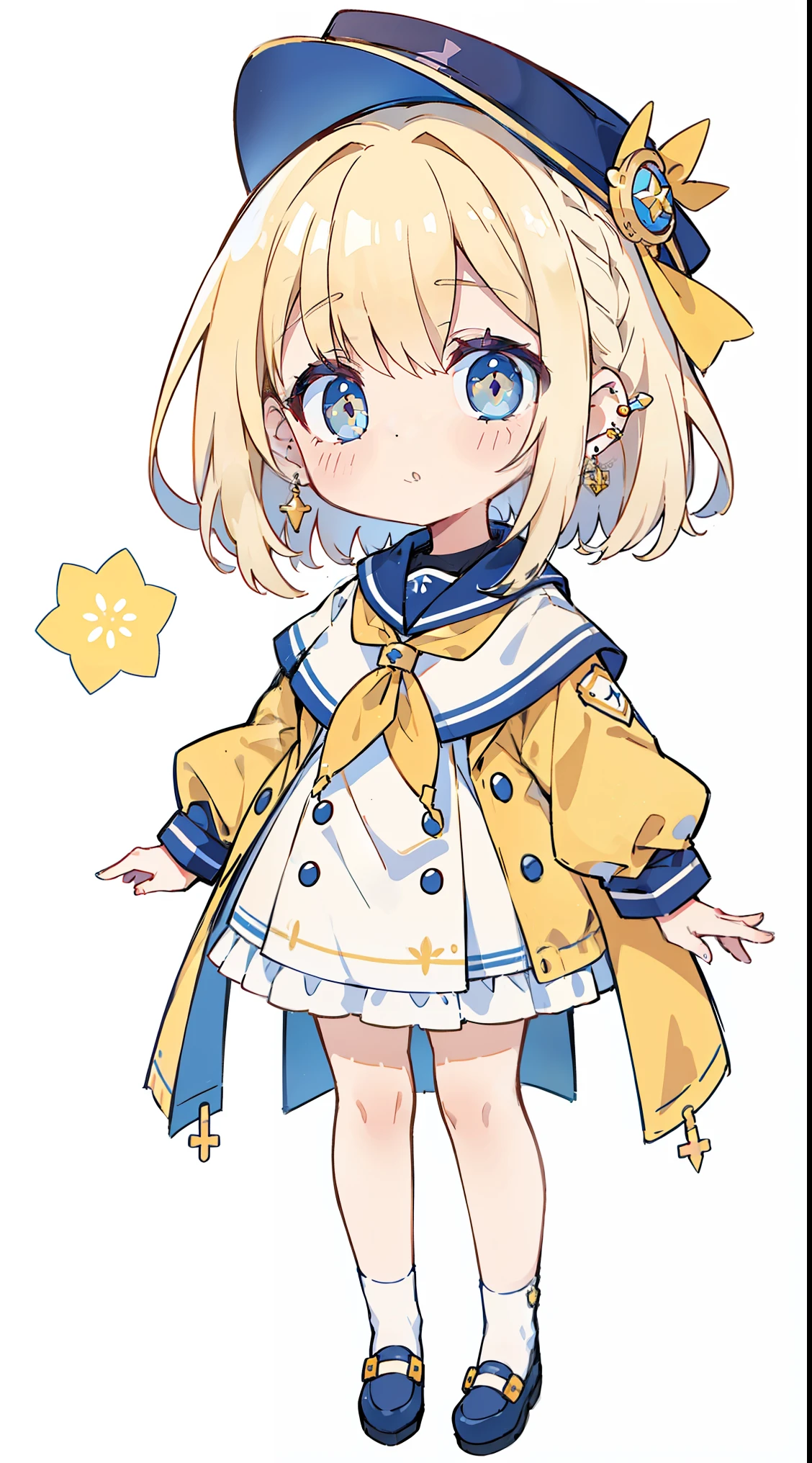 1 girl in、((full body Esbian、Standing picture))、cream colored Hair、Medium hair、a sailor suit、yellow eyes、(Hairpin between face and ear)、Ear-piercing、white backgrounid、simple background、top-quality、masutepiece