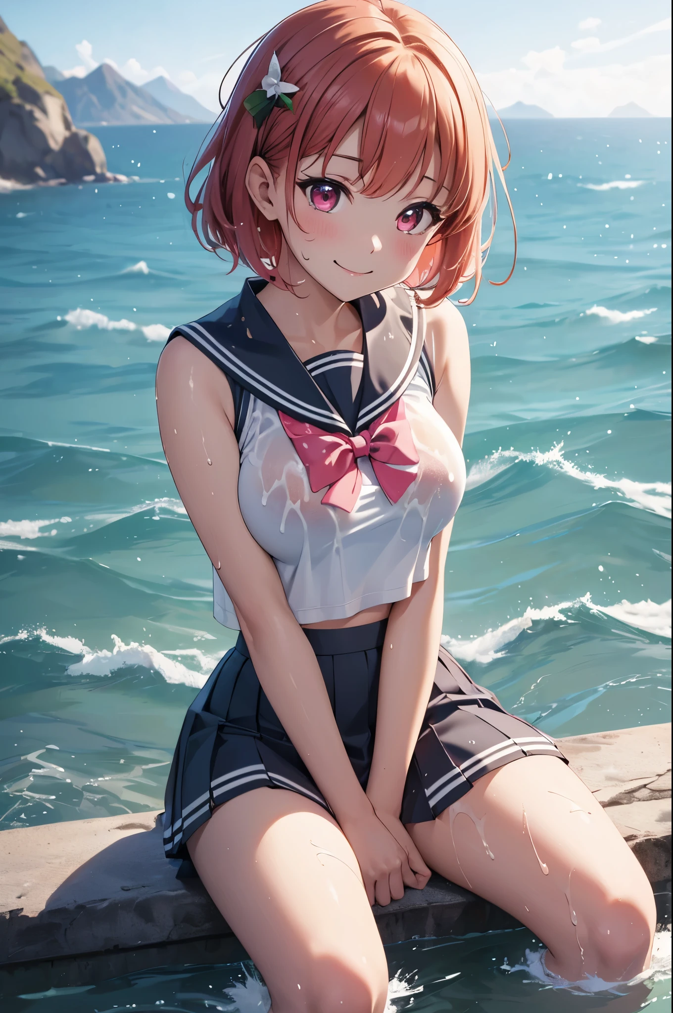 (best quality,4k,8k,highres,masterpiece:1.2), ultra-detailed, on knees, sitting,arms behind back,takami chika, sailor top, school skirt, midriff,  slightly excited and smile, sleeveless, thighs, cowboy shot, hair ornament, random pose,sea in background,wet clothes, (transparent disappearing clothes), pink eyes ,big breasts ,((soaked in cum:1.2))