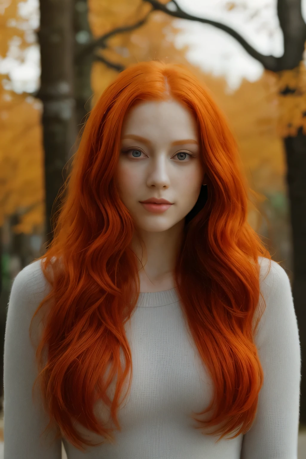 a beautiful red haired woman looking into camera, long red hair, shoulder, half body portrait, big breasts, pastel colors, autumn lights
