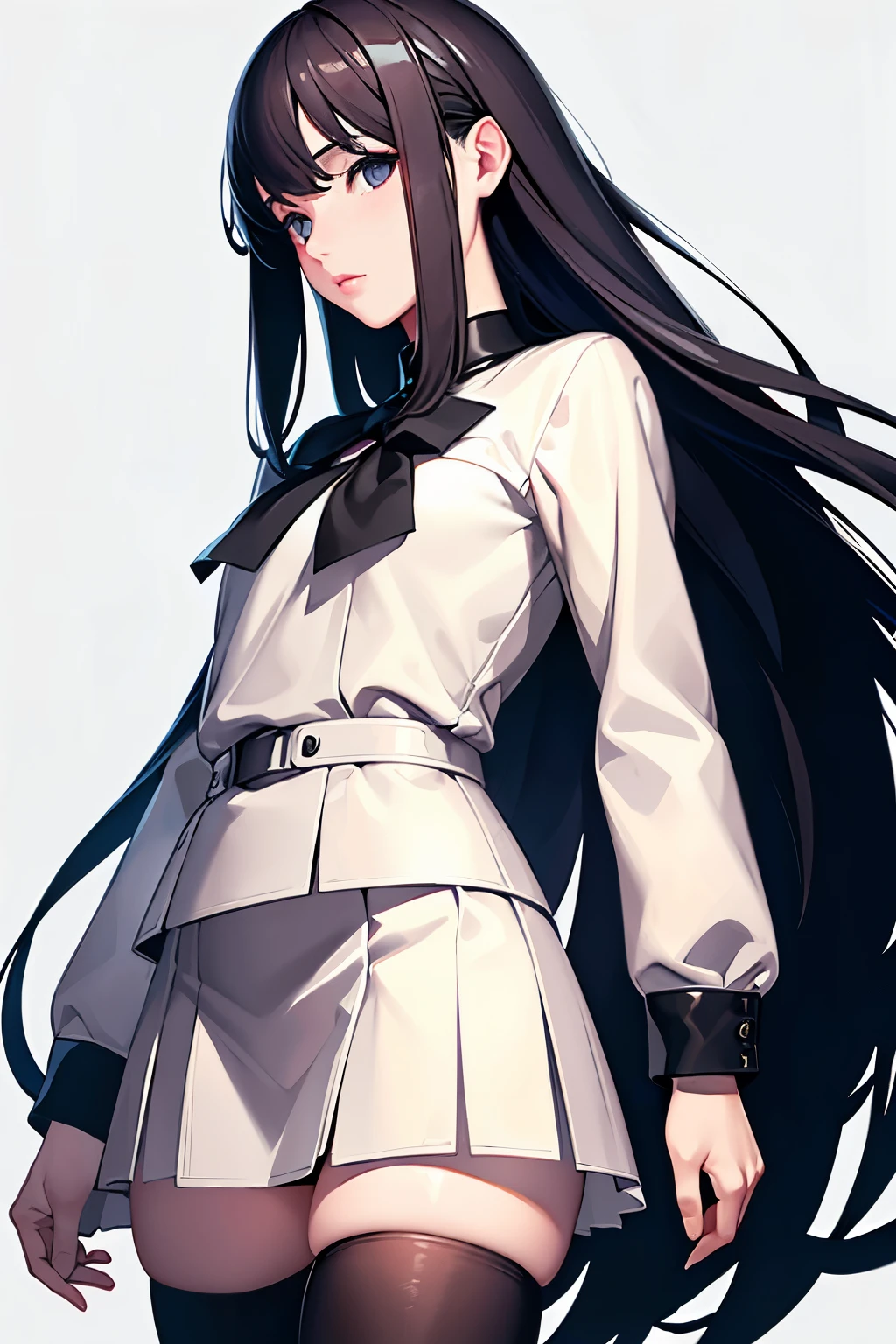 ((masterpiece、highest quality))、1 girl、(photorealistic:1.4)、solo、white background、black hair、long hair、Absolute area、skirt、((whole body))、
