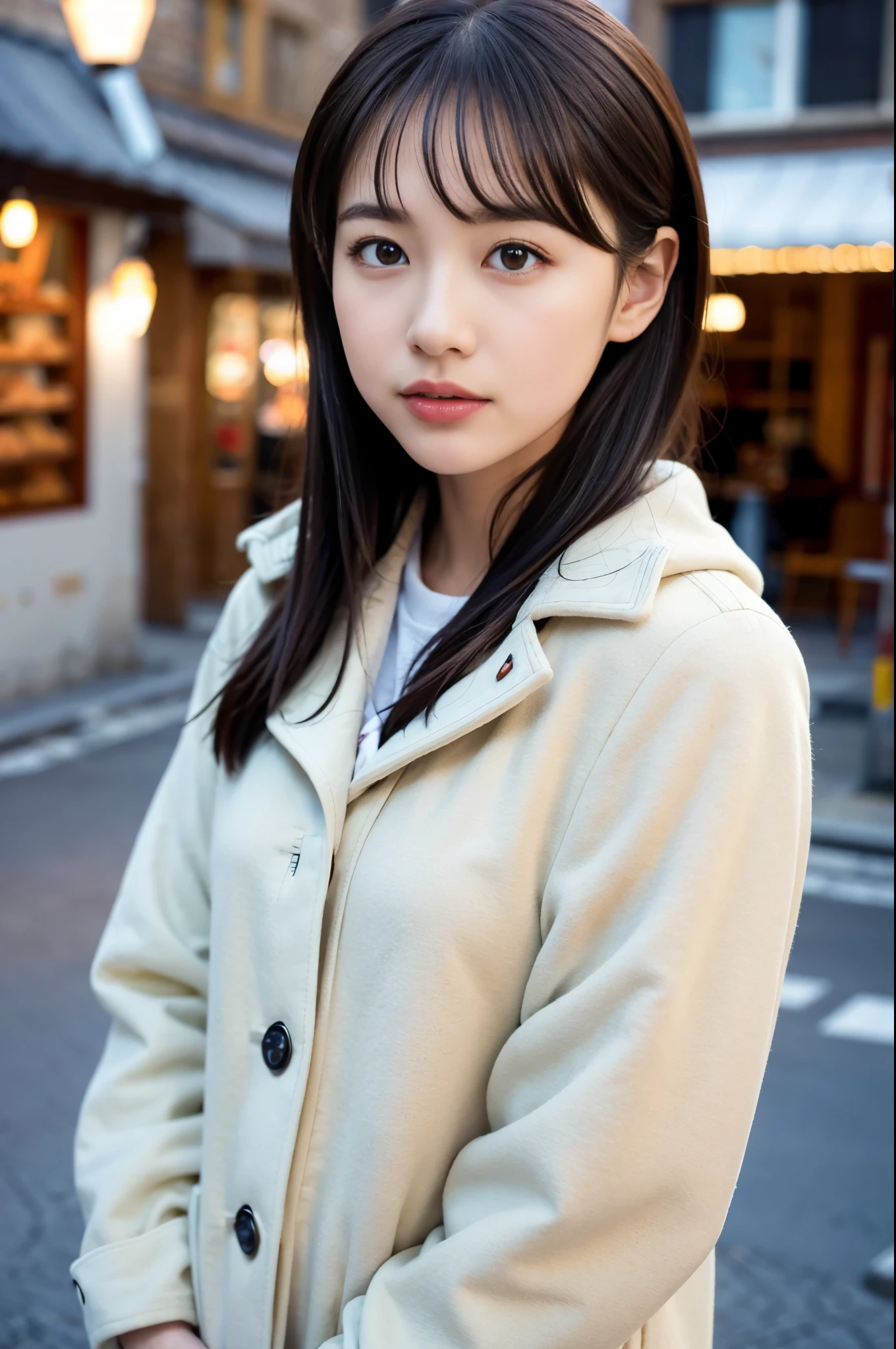 (8K, RAW photo, highest quality, masterpiece:1.3), (realistic, photo-realistic:1.4), (Highly detailed 8K wallpaper), sharp focus, Depth of written boundary,
japanese idol,very cute, (coat:1.3),(Medium hair: 1.3), Upper body, highly detailed face and eyes,((shiny skin:1.2)), cinematic lighting, soft light, blur background,( An old European village street in the early morning, cobblestone roads, with a bakery emitting a warm glow and inviting aroma.)