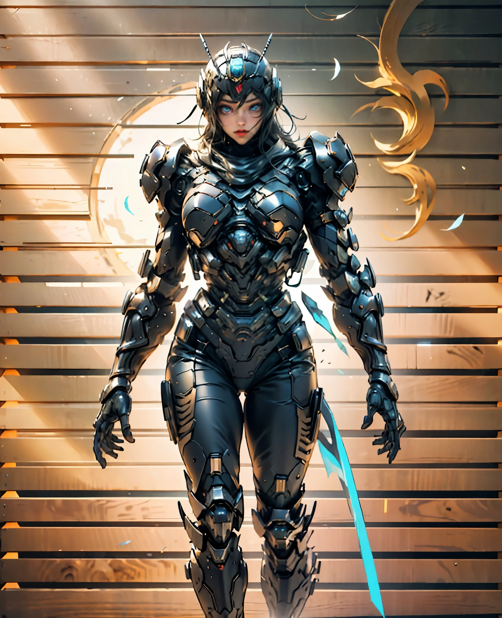 A woman adorned in fantasy-style full-body armor, a crown-concept fully enclosed helmet that unveils only her eyes, a composite layered chest plate, fully encompassing shoulder and hand guards, a lightweight waist armor, form-fitting shin guards, the overall design is heavy-duty yet flexible, the armor gleams with a golden glow, complemented by red and blue accents, exhibiting a noble aura, she floats above a fantasy-surreal high-tech city, this character embodies a finely crafted fantasy-surreal style armored hero in anime style, exquisite and mature manga art style, Queen Bee Concept Armor, ((goddess, femminine)), long legs, metallic, elegant, high definition, best quality, highres, ultra-detailed, ultra-fine painting, extremely delicate, professional, anatomically correct, symmetrical face, extremely detailed eyes and face, high quality eyes, creativity, RAW photo, UHD, 32k, Natural light, cinematic lighting, masterpiece-anatomy-perfect, masterpiece:1.5