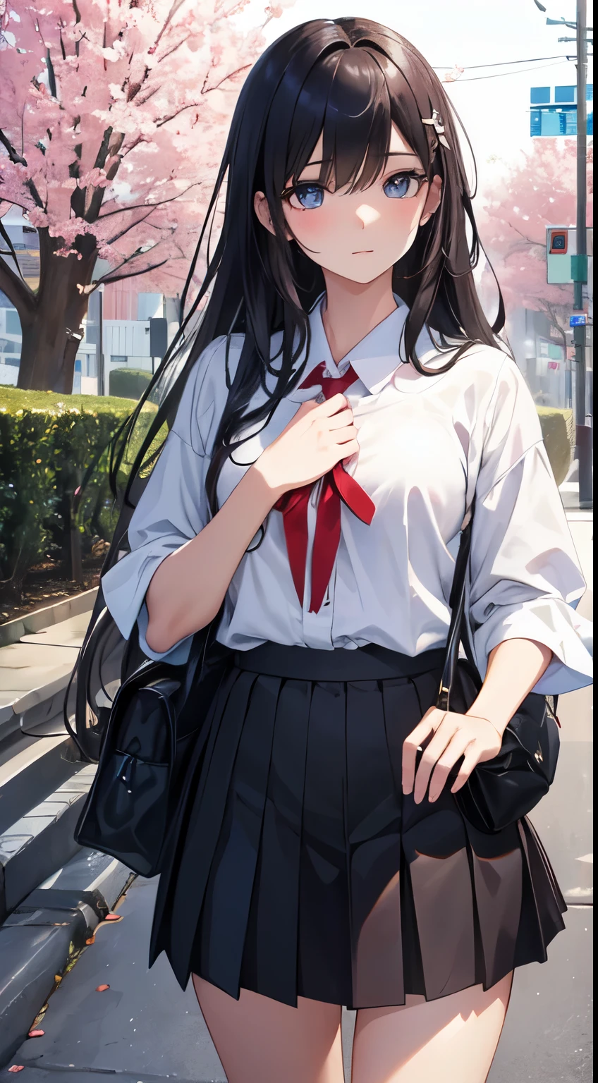 Focus on people。Create and express the most realistic compositions of people。((masterpiece))、(((highest quality)))、((Super detailed))、(Super realistic)、(Highly detailed CG illustration)、(very delicate and beautiful)、美少女の最高masterpiece、highest quality、Realistic skin feeling、realistic fabric、realistic texture、Japanese、リアルでSuper detailedな瞳の少女達を中央正面にフォーカスしたリアリストイラストを紹介致します。This is the absolute rule, and the following sentence expresses the image quality。 The most talented painter in human history meets an unparalleled beauty.、生涯を賭して最高に美しい姿を描いた乾坤一擲の類史上最高のmasterpieceです。 Create stunning anime artwork that is currently trending on seaStation、Introducing exquisite beauty and captivating aesthetics。she is wearing a japanese uniform。Its uniform is、black skirt and white shirt、and consists of a red ribbon。These colors are、The colors are common among Japanese students.、Visually very impressive and at the same time、Reflects Japanese culture and educational environment。

her hair is、Long black hair symbolizes youth and vigor.。Her eyes are、A little bigger、Expresses the expression of the entire face even brighter。Also、Her face is、Her fine features and exquisite skin are、Gives a feeling of soft transparency、It expresses the unique beauty of a 16-year-old girl.。

around her、Interspersed with items showing parts of her daily life。 it is、her school precious、Pouch、And my favorite cute keychain etc.。realistically depicted、plays a role to recreate her daily life。

This work、A hyper-realistic recreation of modern Japanese high school students and their daily lives.、人類史上最高のmasterpieceです。