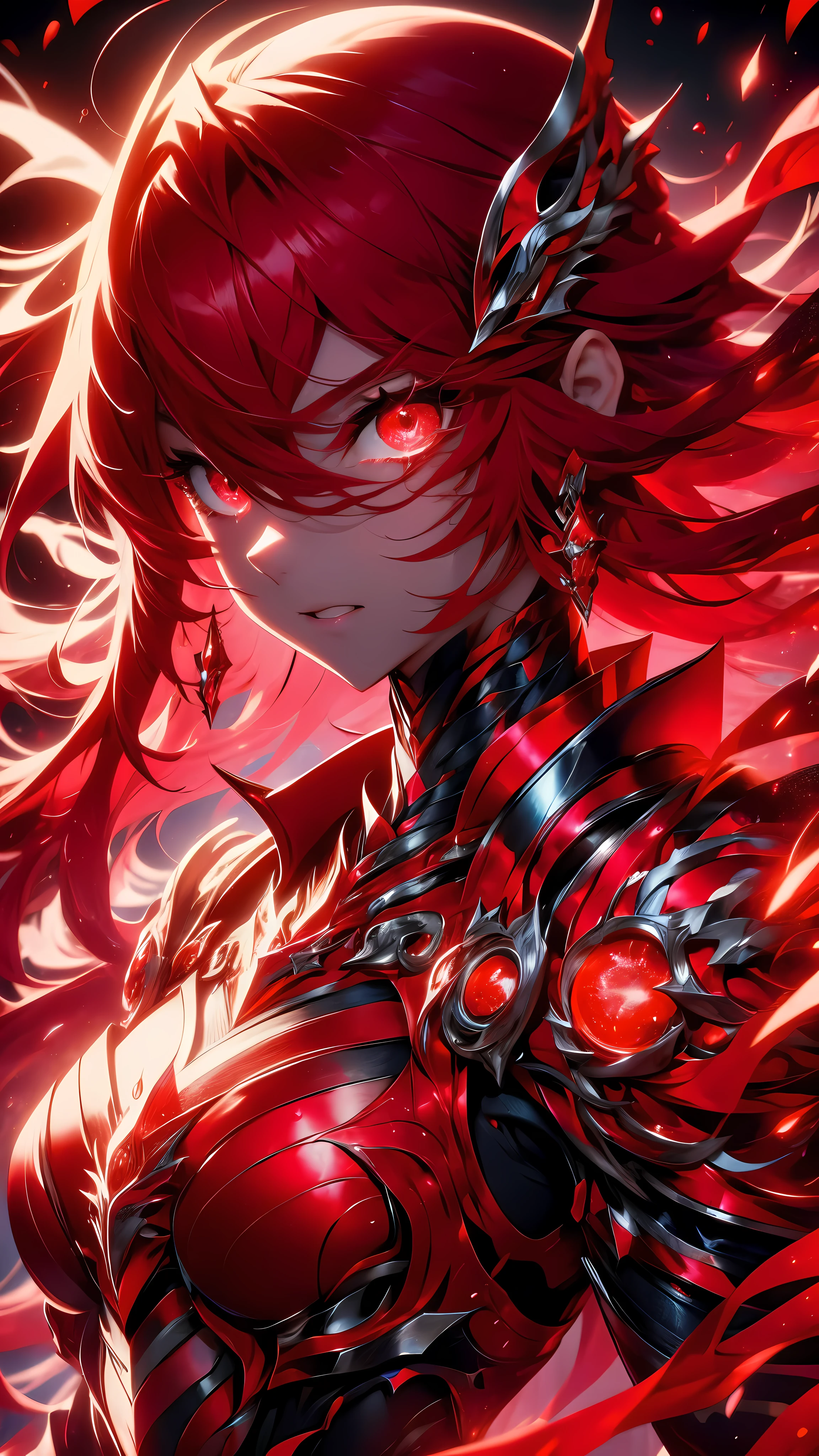 1girl,red hair,red eyes,red armor,upper body view,awesome background,(best quality:1.2),ultra-detailed,super sharp,light particles,masterpiece,perfect eyes,portrait,red color palette, dramatic lighting