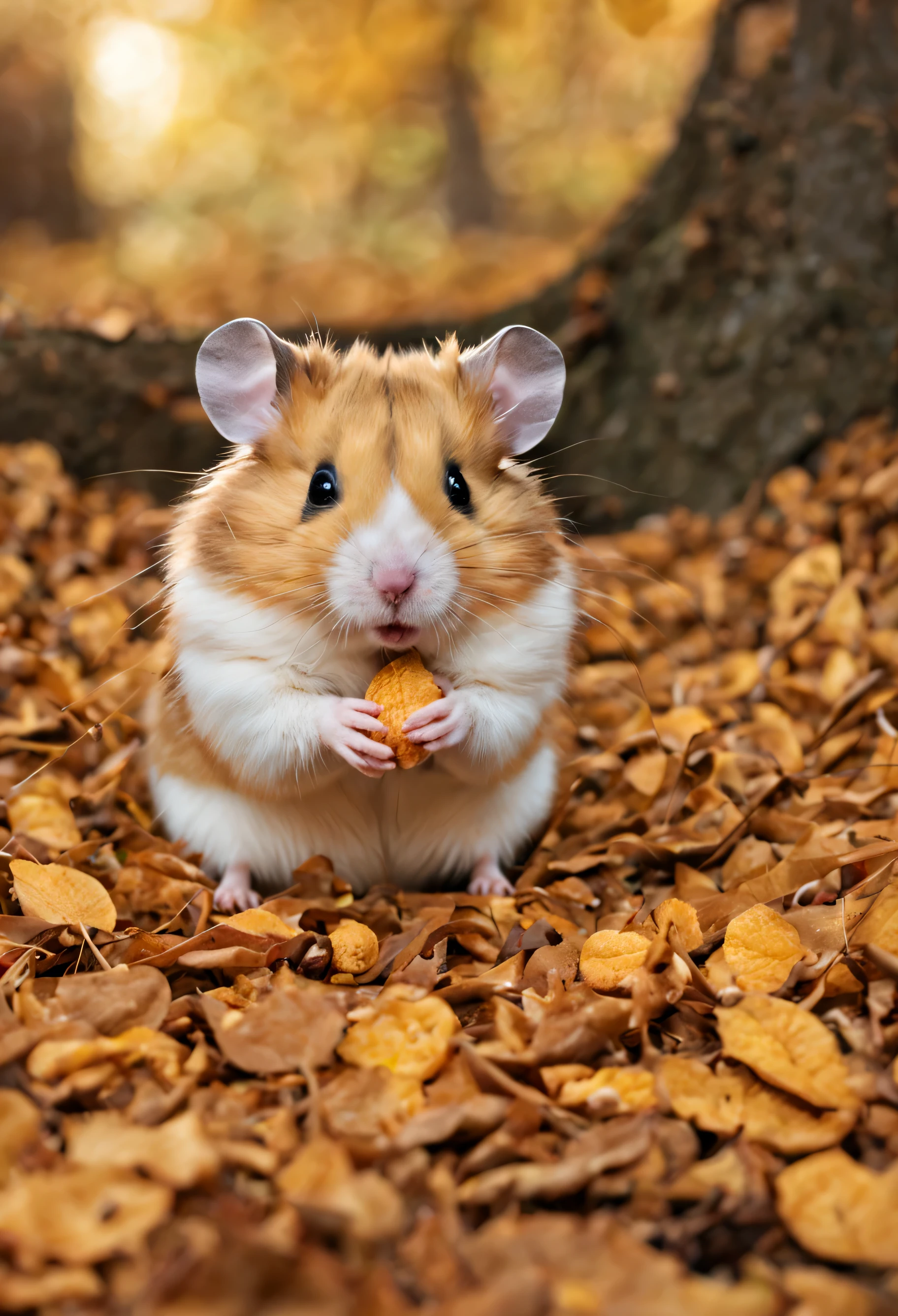 A cute Seora hamster, eating peanuts in an underground field full of fallen leaves, and trees