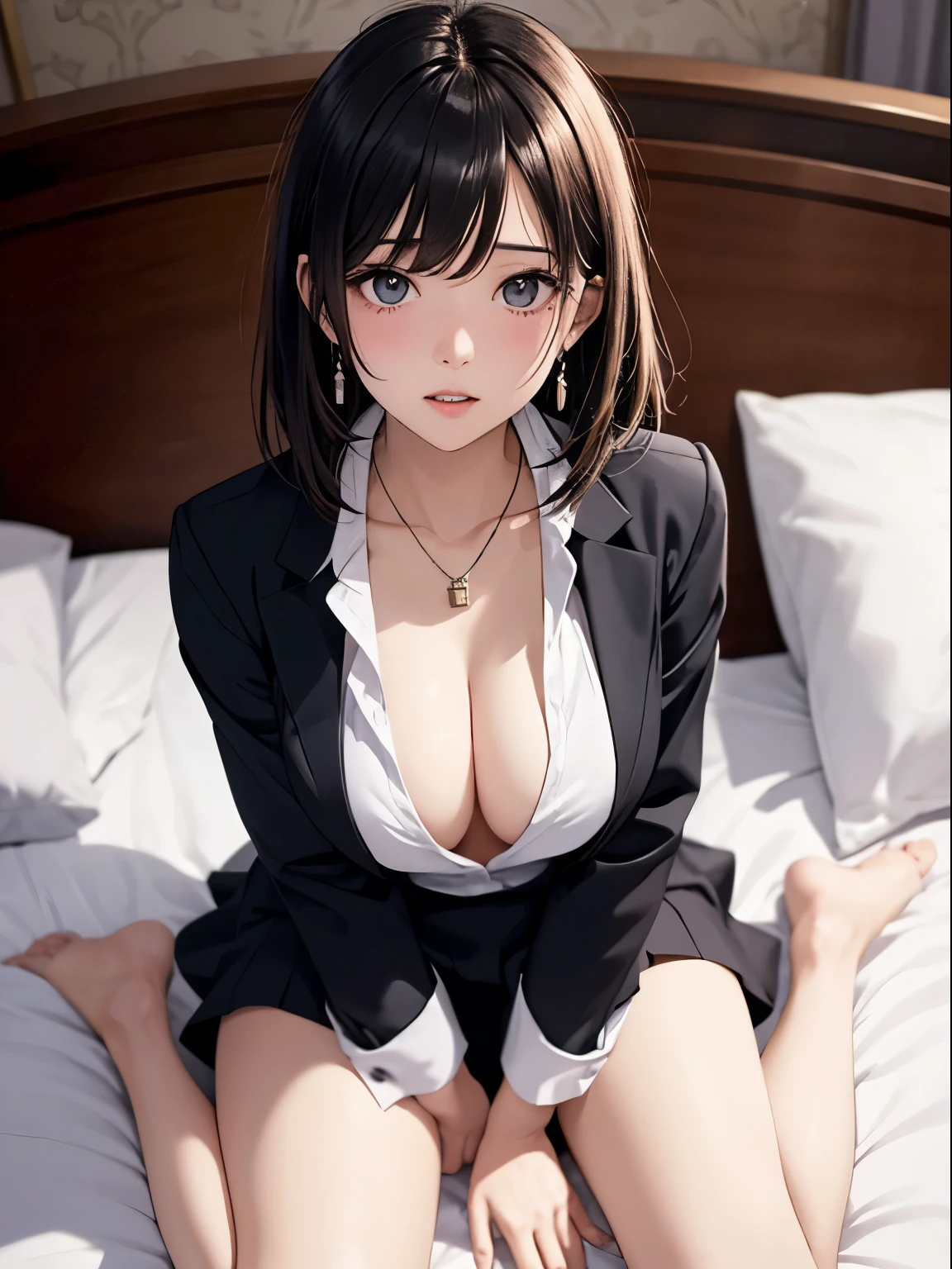 photorealism、highest quality、ultra high resolution、photograph、絶妙に美しい北欧生まれの女の子のphotograph、extraordinary beautiful girl、Highlights of cheek luster、Detailed cute and beautiful face、(Pure Eros Face_v1:0.008)、beautiful bangs、glowing white shiny skin、bangs between the eyes、shiny beautiful hair、silky hair、thin hair、high definition eyes、Beautiful, Bright and clear, Big eyes shine charmingly、eyeliner、double eyelids、full body portrait、Embarrassed、blush、embarrassing、glare、 small shiny necklace and earrings, glossy lips: 1.4, humiliation、impatience、Embarrassed、(be frightened:1.8)、glare、soft chest、cleavage、cover your chest with your hands、cover your crotch with your hands、lift the skirt、blush、embarrassing、I can see my underwear、open knees、open your legs、masturbation behavior、messy clothes、Clothes、white blouse、stockings、Sweat、neat woman,19 years old, 1 person、(navy blue business suit: 1.5),(Tight Skirt:1.8)、wavy hair, bangs flowing diagonally, medium hair, blue gray eyes, big breasts same、 In the hotel in the middle of the night, Sit on the edge of the bed、