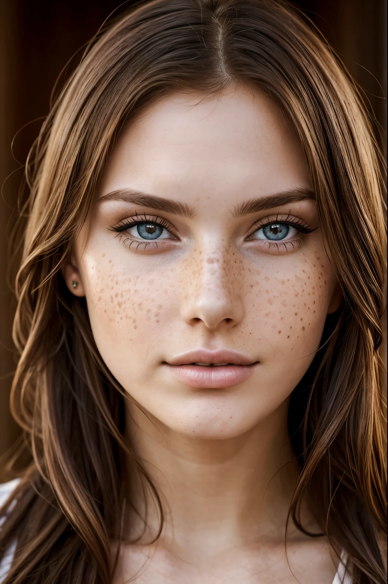very realistic 25 year old russian woman, brunette, freckles, beautiful lips, beautiful woman, look at the centre 