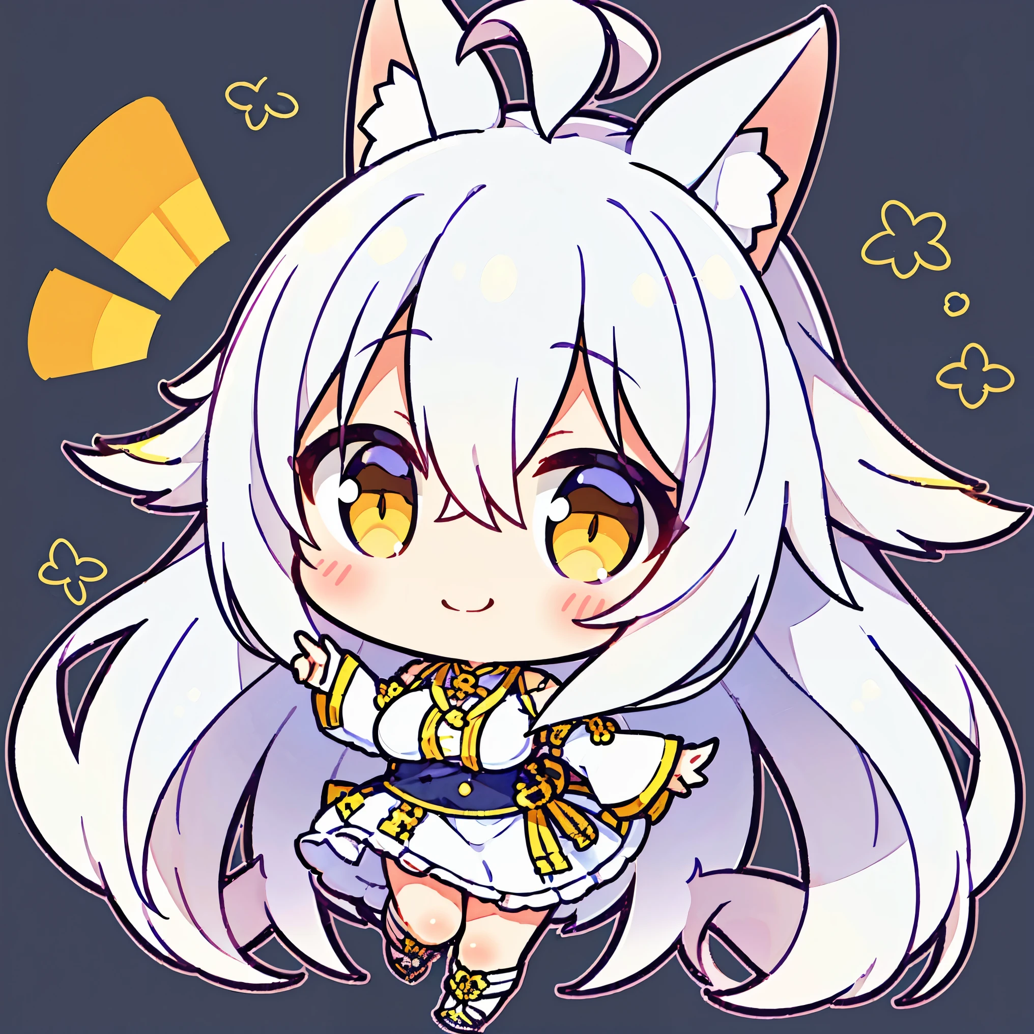 girl with、Chibi、((Best Quality, high_resolution, Distinct_image)),(white hair), (Ahoge), (absurdly long hair), (Wavy Hair), (yellow eyes),、a smile、Mouth closed。mideum breasts、piece sign