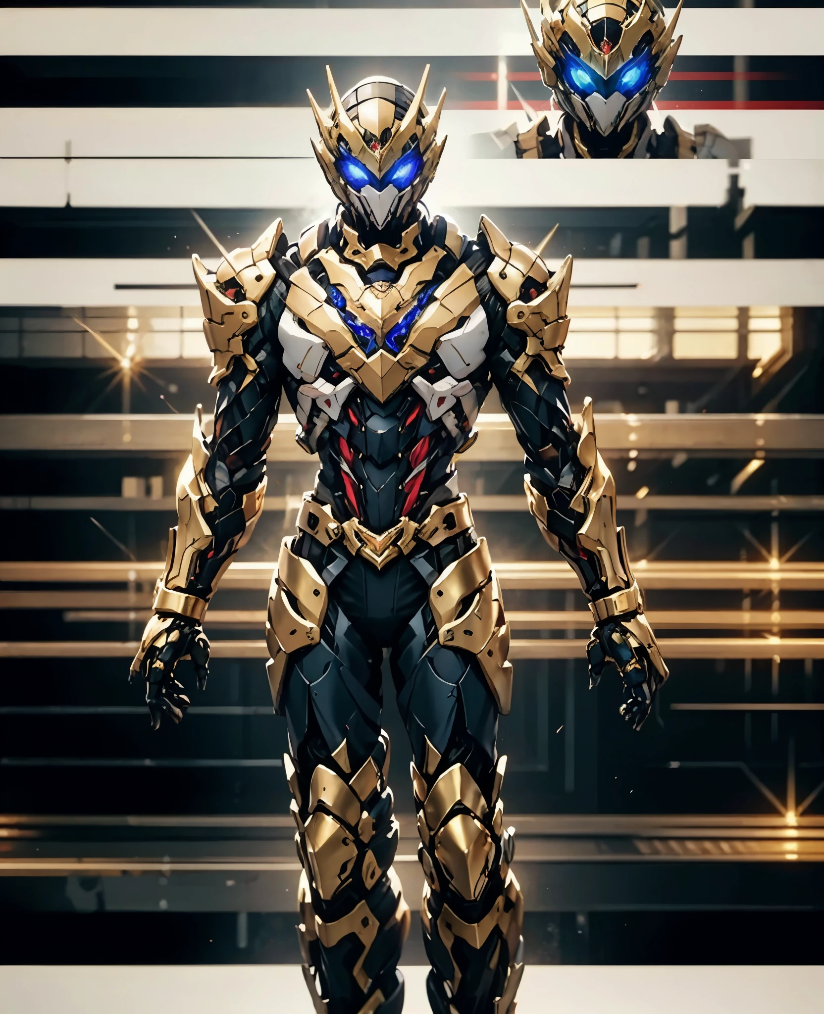 A woman adorned in fantasy-style full-body armor, a crown-concept fully enclosed helmet that unveils only her eyes, a composite layered chest plate, fully encompassing shoulder and hand guards, a lightweight waist armor, form-fitting shin guards, the overall design is heavy-duty yet flexible, the armor gleams with a golden glow, complemented by red and blue accents, exhibiting a noble aura, she floats above a fantasy-surreal high-tech city, this character embodies a finely crafted fantasy-surreal style armored hero in anime style, exquisite and mature manga art style, Queen Bee Concept Armor, ((goddess, femminine)), long legs, metallic, elegant, high definition, best quality, highres, ultra-detailed, ultra-fine painting, extremely delicate, professional, anatomically correct, symmetrical face, extremely detailed eyes and face, high quality eyes, creativity, RAW photo, UHD, 32k, Natural light, cinematic lighting, masterpiece-anatomy-perfect, masterpiece:1.5