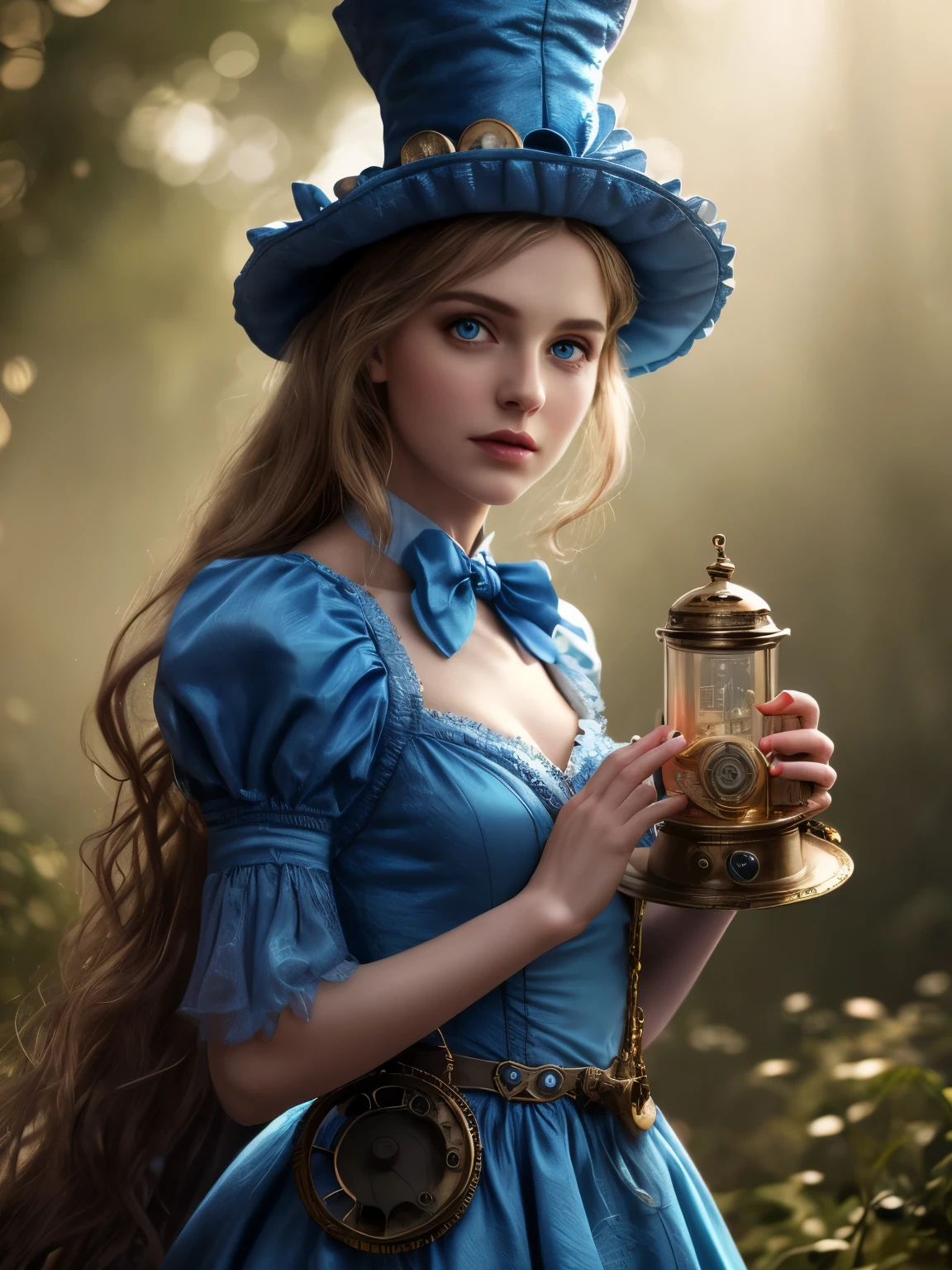 (Realistic:1.2), Photorealistic, Alice in Wonderland, cute sexy, small blue dress and steampunk cylinder hat, cinematic lighting, ethereal light, complex parts, extremely detailed, full color, surrealistic detailed fairytale background, rich colors, cinematic, detailed beautiful eyes and perfect face, anslog photo style, depth of field, bokeh, 16k best quality