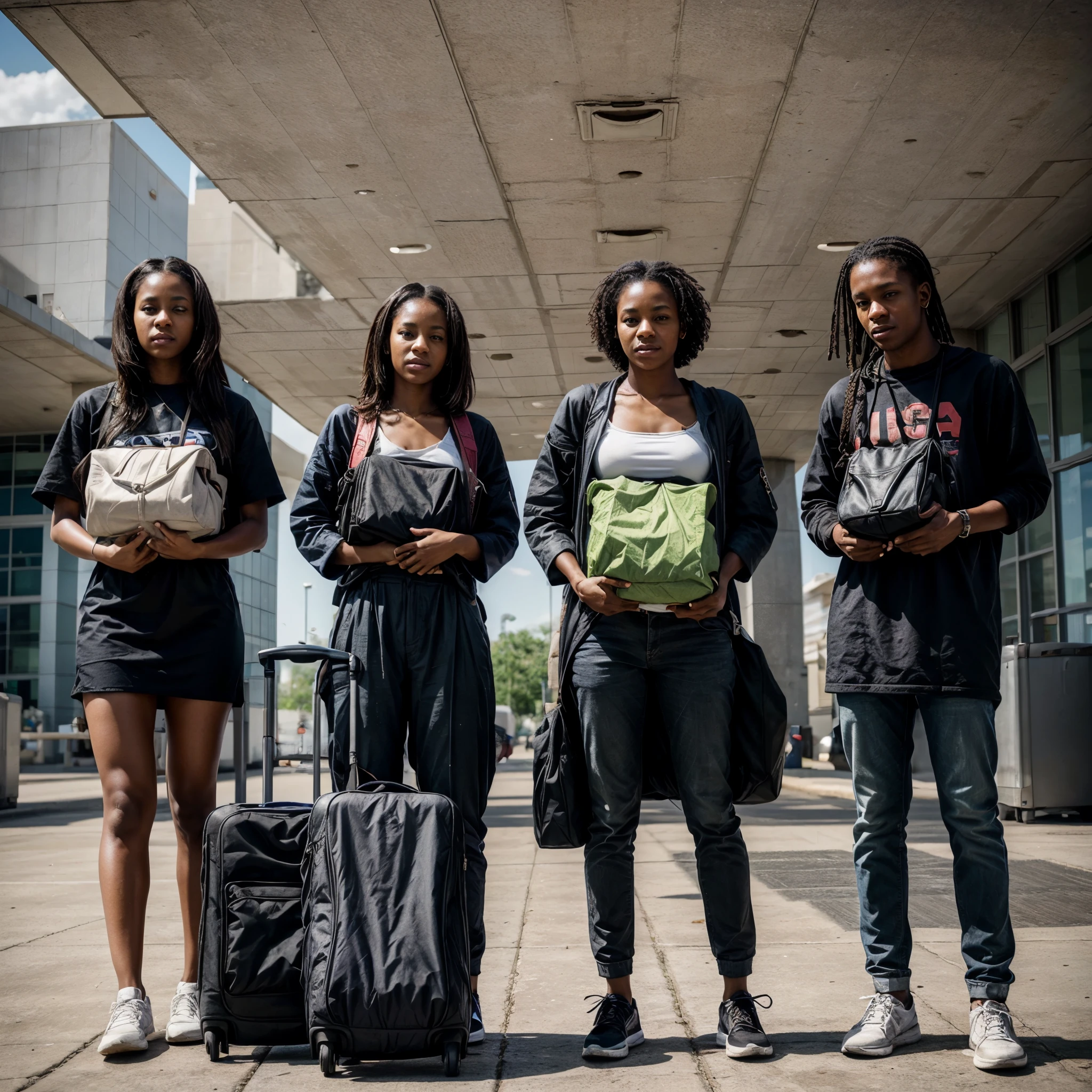 a plane, young black people standing with bags on their backs and rolling cases in their hands, it is about to be immigrants to the United States, created an image as a cover for a blog article