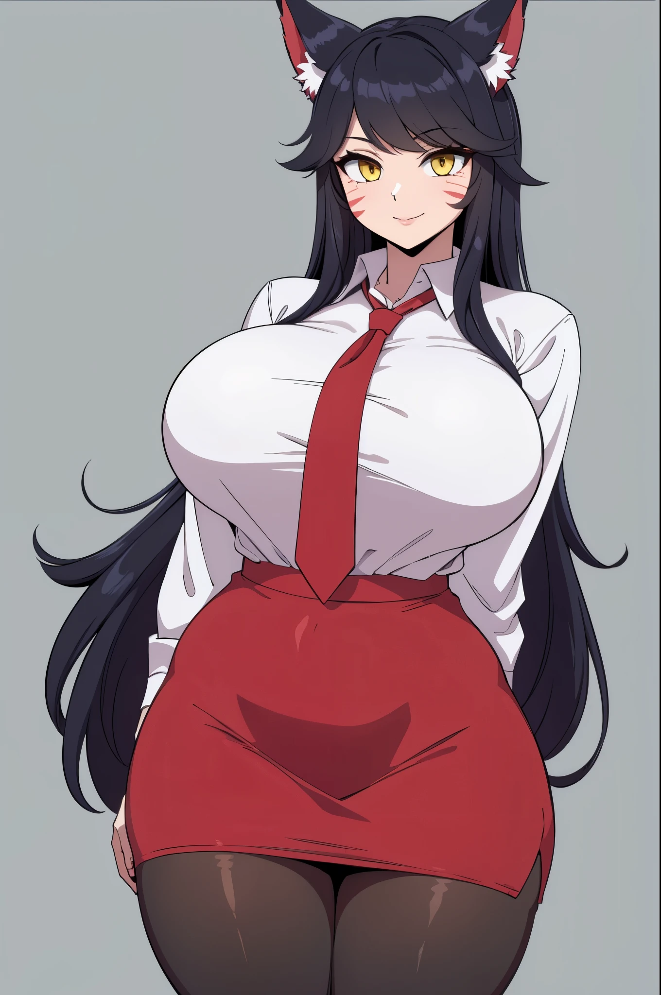 masterpiece, best quality, ultra-detailed, illustration, colorful, flat color, depth of field, 1girl, ahri, anime, standing, black hair, messy hair, yellow eyes, fox ears, looking at viewer, simple background, facial mark, hands behind back, white shirt, red necktie, black pencil skirt, black pantyhose, teacher, detailed skin texture, detailed cloth texture, beautiful detailed face, huge breasts, blush, seductive smile, makeup