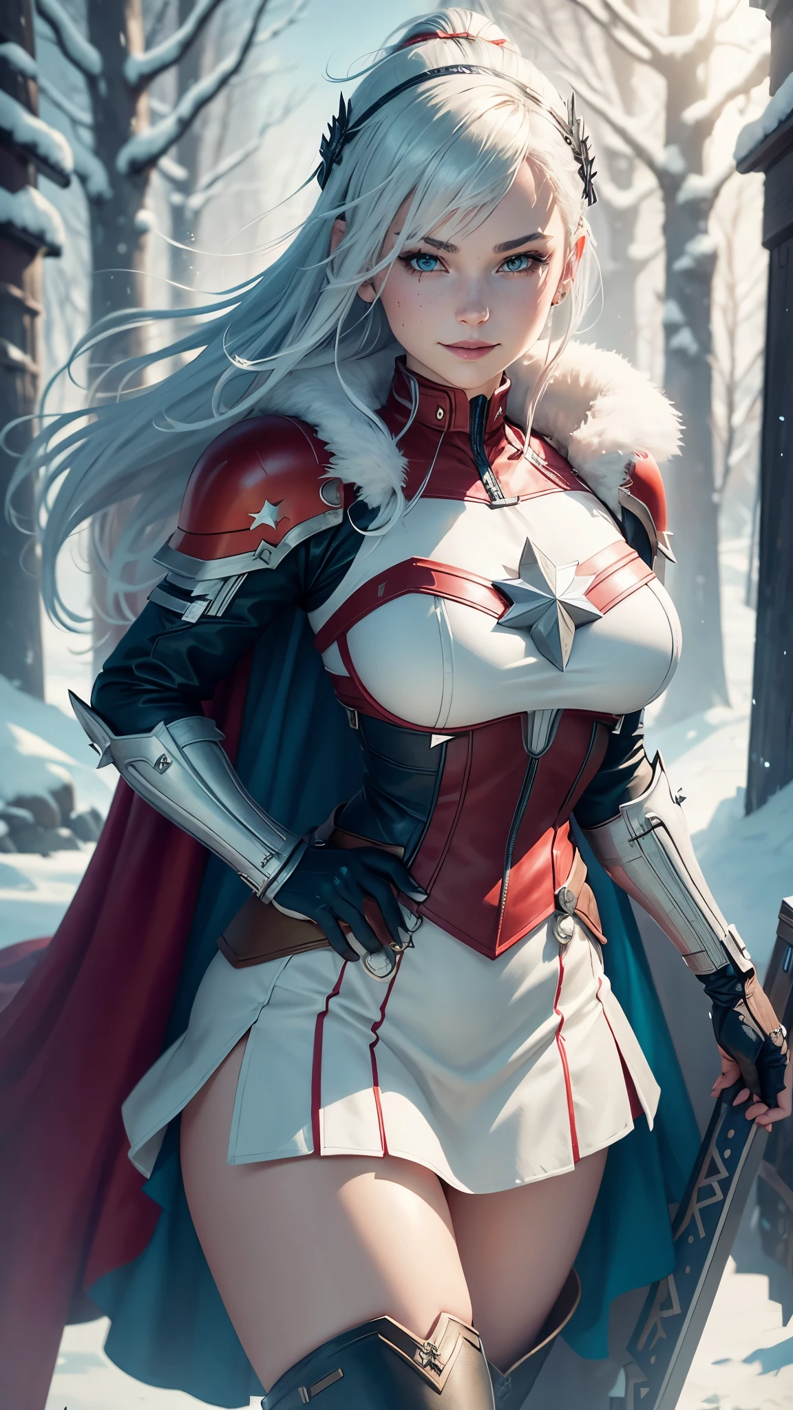 gwen tennyson,captain marvel,yorha 2b,solo girl,overwatch,atelier ryza,close up,winter forest,viking village,rune tattoos,fur and white plugsuit,winter viking linen shirt,royal red viking cape,spiked viking armor,tight lycra skirt,garter belt,short viking hair,viking makeup,blue eyes,multicolored silver hair, spiked gloves,sexy smile,freckles,beautiful girl,knee high spiked boots,large breasts,8k,ultra detailed,realistic,fantasy art,viking armor,hair pin,ear piercings,(weather:windy),1girl,