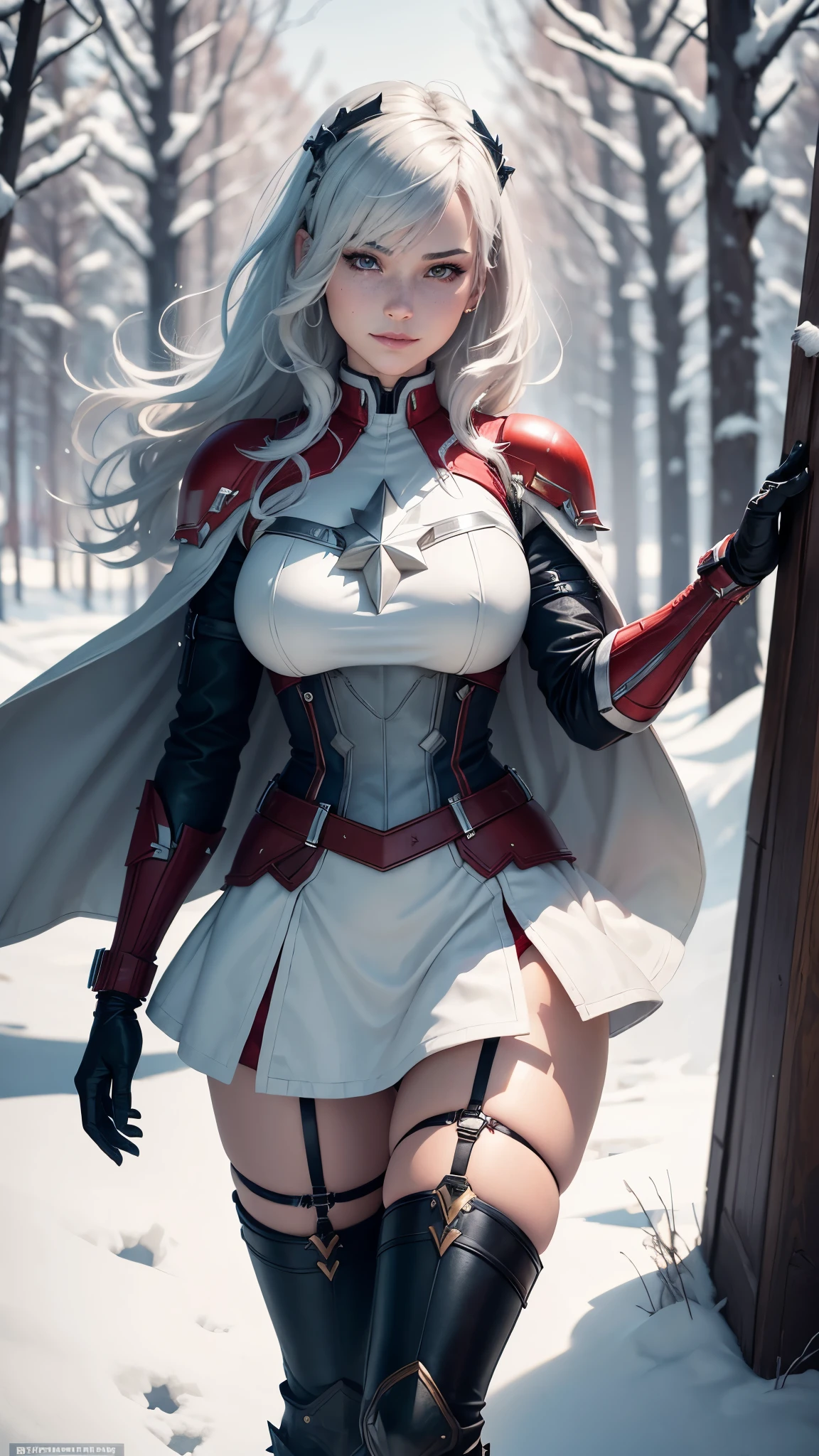 gwen tennyson,captain marvel,yorha 2b,solo girl,overwatch,atelier ryza,close up,winter forest,viking village,rune tattoos,fur and white plugsuit,winter viking linen shirt,royal red viking cape,spiked viking armor,tight lycra skirt,garter belt,short viking hair,viking makeup,blue eyes,multicolored silver hair, spiked gloves,sexy smile,freckles,beautiful girl,knee high spiked boots,large breasts,8k,ultra detailed,realistic,fantasy art,viking armor,hair pin,ear piercings,(weather:windy),1girl,