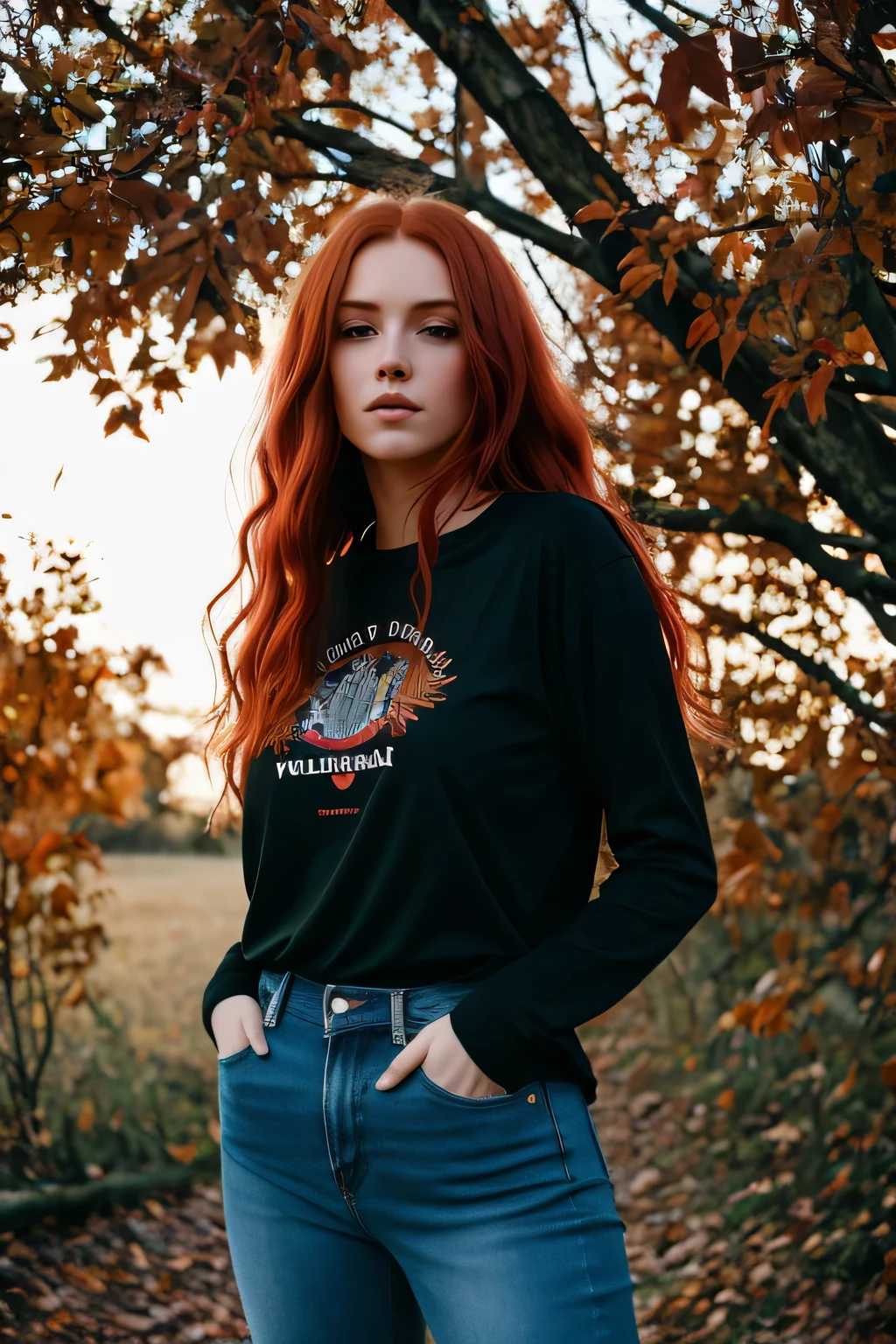 A stunning intricate full color portrait of a red haired woman, long redhair, big breasts, wearing jeans and black t-shirt, happy, epic character composition,by ilya kuvshinov, alessio albi, nina masic,sharp focus, natural lighting, subsurface scattering, f2, 35mm, film grain, full body in the picture
