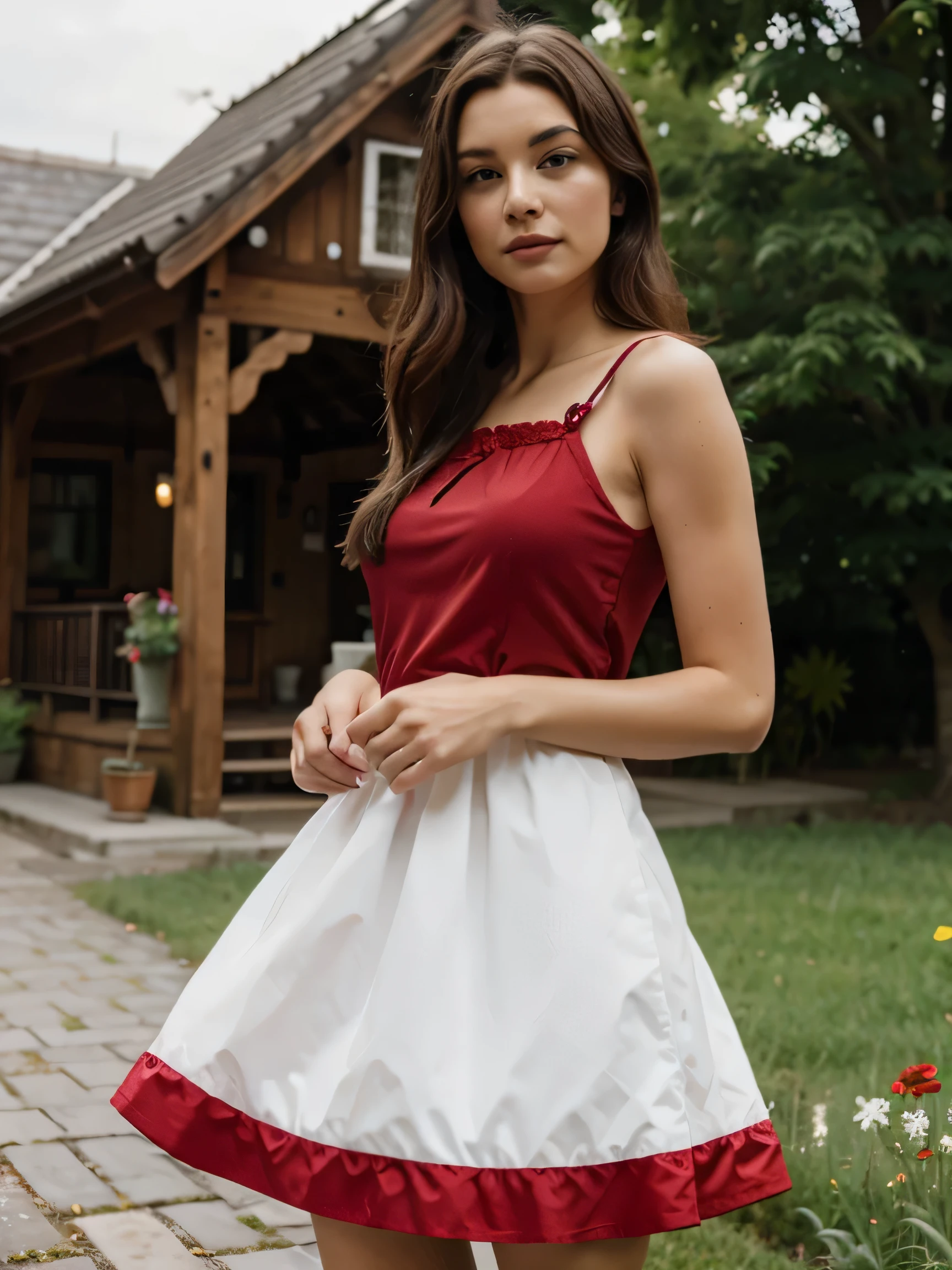 Girl, 20 Jahre alt, lange rote Haare, Sommersprossen, rotes kleid, Spring, Blumenwiese