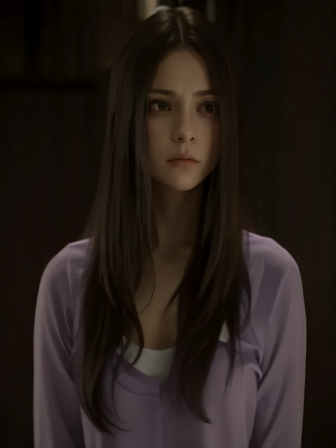 Woman with long hair and purple shirt looking at the camera, Still the promotion, Still promotional, There is a scary atmosphere behind it, She has a distant expression, & Her expression is solemn, But a stern look about her, Staring hard, Evil is searching, Nina Dobrev, She looks serious, film Still promotional, Intense combustion, Ethereal static image