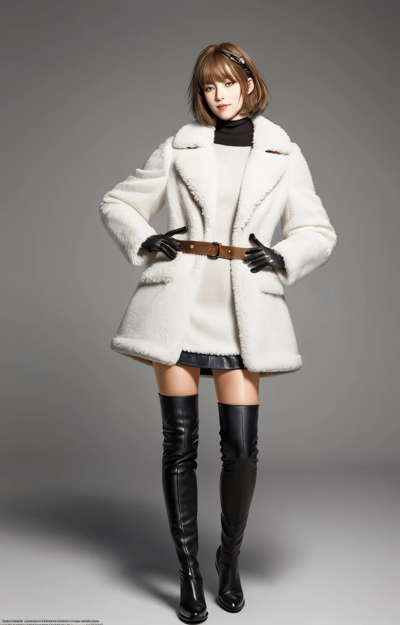 official art, Highly detailed CG Unity 8K wallpaper, highest quality, masterpiece, High resolution,thigh high boots, white feather coat、Brown Shorthair, brown belt,  leather shoulder bag、leather gloves, black minileather skirt, black above-the-knee flat boots, Tight leather suit, Leather texture, full body photo, melon face, small face, 