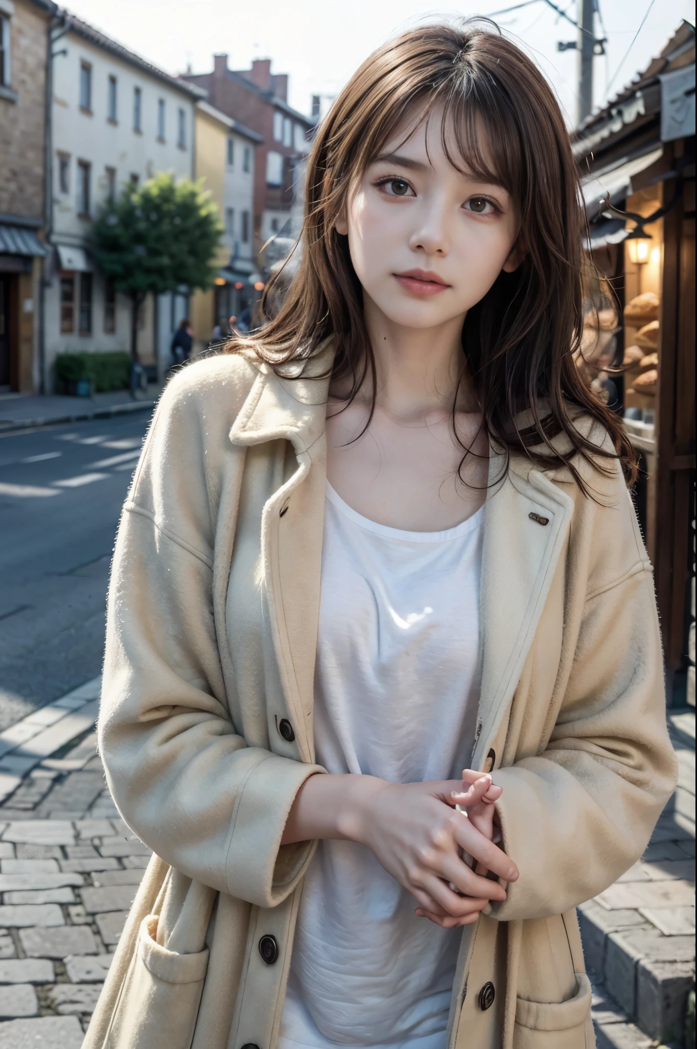 (8K, RAW photo, highest quality, masterpiece:1.3), (realistic, photo-realistic:1.4), (Highly detailed 8K wallpaper), sharp focus, Depth of written boundary,
japanese idol,very cute, (coat:1.3),(Medium hair: 1.3), Upper body, highly detailed face and eyes,((shiny skin:1.2)), cinematic lighting, soft light, blur background,( An old European village street in the early morning, cobblestone roads, with a bakery emitting a warm glow and inviting aroma.)