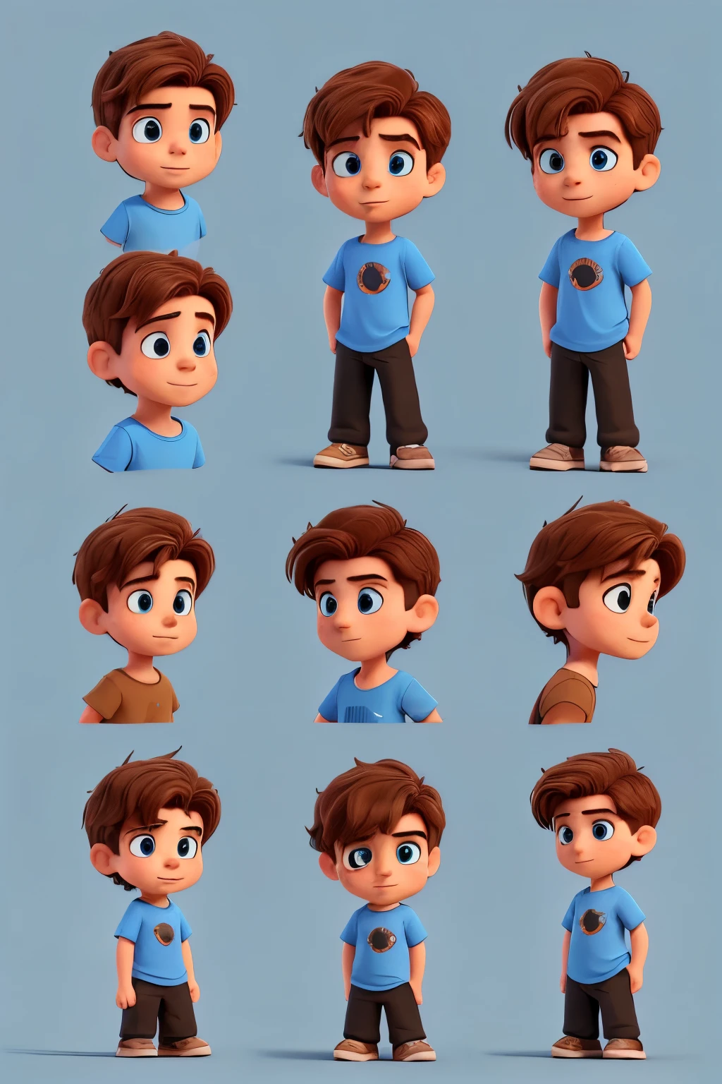 character sheet in different angles and postures, different facial expressions, an 8--old with brown hair, wearing a blue t-shirt with black pants and black shoes. disheveled hair and blue eyes