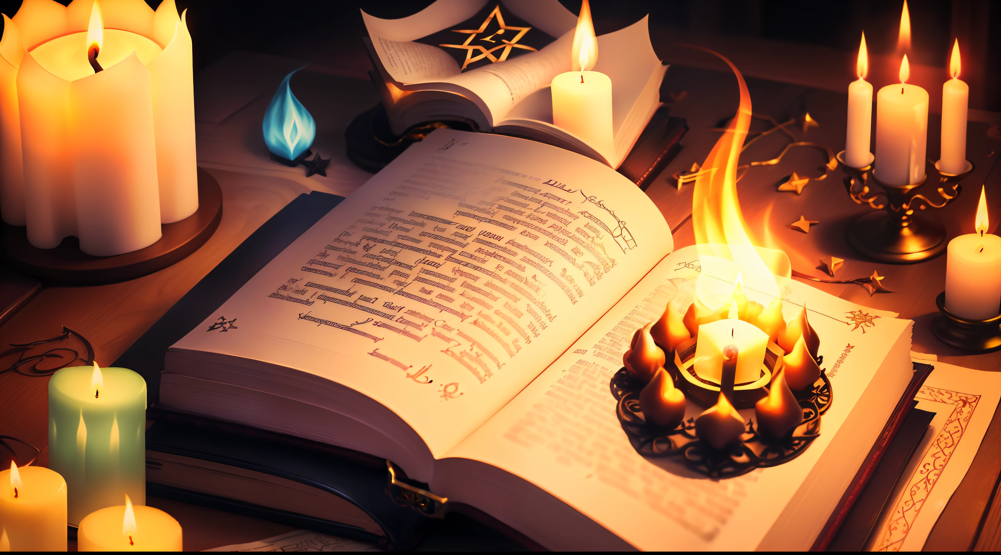 candles are lit on a table with a book and a candle, magic spell, open magic book glowing, black magic spells, spell book, magic spell wizard, casting a protection spell, sacred flame spell, Reading an evil demonic book, casting a flame spell, cena wicca em casa, spells magic, magias, Iluminado com velas, magic symbols, magic book