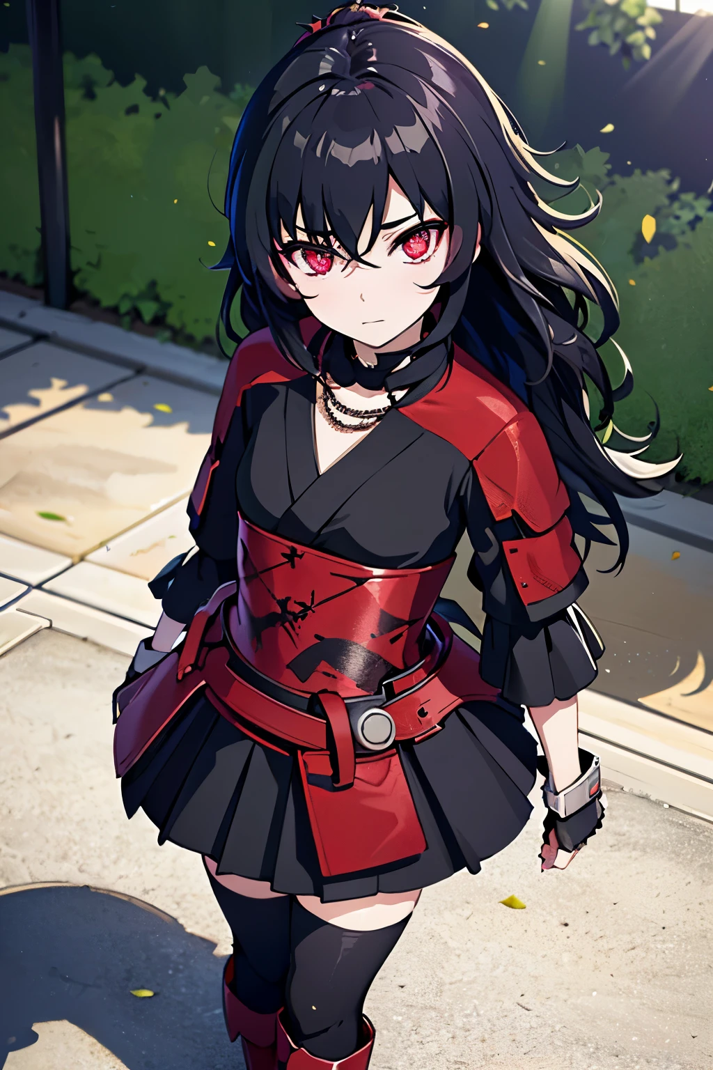 Anime, Girl, (((1girl))), (((Waifu, Raven Branwen, Raven Branwen Waifu))), (((Black Hair, Messy Hair))), ((Crimson Red Eyes eyes: 1.3, Upturned Eyes: 1, Perfect Eyes, Beautiful Detailed Eyes, Gradient eyes: 1, Finely Detailed Beautiful Eyes: 1, Symmetrical Eyes: 1, Big Highlight On Eyes: 1.2)), (((Lustrous Skin: 1.5, Bright Skin: 1.5, Skin Fair, Shiny Skin, Very Shiny Skin, Shiny Body, Plastic Glitter Skin, Exaggerated Shiny Skin, Illuminated Skin))), (Detailed Body, (Detailed Face)), Young, Lolita, (Best Quality), (((Bicep-high Gauntlets, Armored Boots, Thigh-high Heeled Boots, Armored Gauntlets))), (((Battle Kimono))), (((Skirt))), High Resolution, Sharp Focus, Ultra Detailed, Extremely Detailed, Extremely High Quality Artwork, (Realistic, Photorealistic: 1.37), 8k_Wallpaper, (Extremely Detailed CG 8k), (Very Fine 8K CG), ((Hyper Super Ultra Detailed Perfect Piece)), (((Flawless masterpiece))), Illustration, Vibrant Colors, (Intricate), High Contrast, Selective Lighting, Double Exposure, HDR (High Dynamic Range), Post-processing, Background Blur