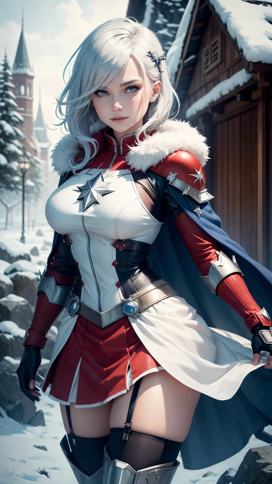 gwen tennyson,captain marvel,yorha 2b,solo girl,overwatch,atelier ryza,close up,winter forest,viking village,rune tattoos,fur and white plugsuit,winter viking linen shirt,royal red viking cape,spiked viking armor,tight lycra skirt,garter belt,short viking hair,viking makeup,blue eyes,multicolored silver hair, spiked gloves,sexy smile,freckles,beautiful girl,knee high spiked boots,large breasts,8k,ultra detailed,realistic,fantasy art,viking armor,hair pin,ear piercings,(weather:windy),
