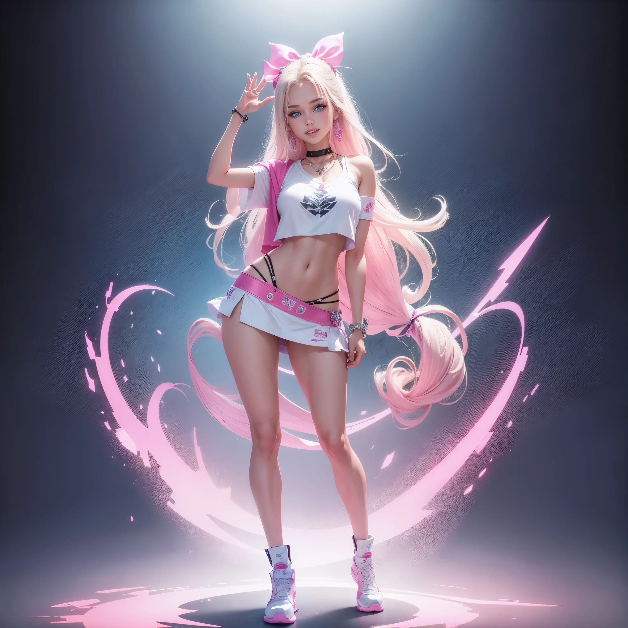 One Barbie, ((Full body)),8th class, Blue eyes, Smiling face, Hair loss swaying in the wind, Hip Hop Singer Pose, Dressed in hip-hop style, Wear a white T-shirt,swarovski,pasties,With a pink bow on the arm, Fashion, Extremely high quality, high details, 8K, clean back ground, in studio, ((Full body shot)),Align your fingers neatly,Accurate Hand Modeling,wave her hand,