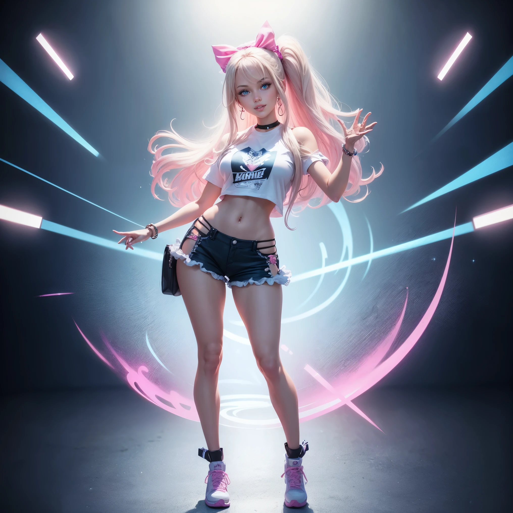 One Barbie, ((Full body)),8th class, Blue eyes, Smiling face, Hair loss swaying in the wind, Hip Hop Singer Pose, Dressed in hip-hop style, Wear a white T-shirt,swarovski,pasties,With a pink bow on the arm, Fashion, Extremely high quality, high details, 8K, clean back ground, in studio, ((Full body shot)),Align your fingers neatly,Accurate Hand Modeling,wave her hand,
